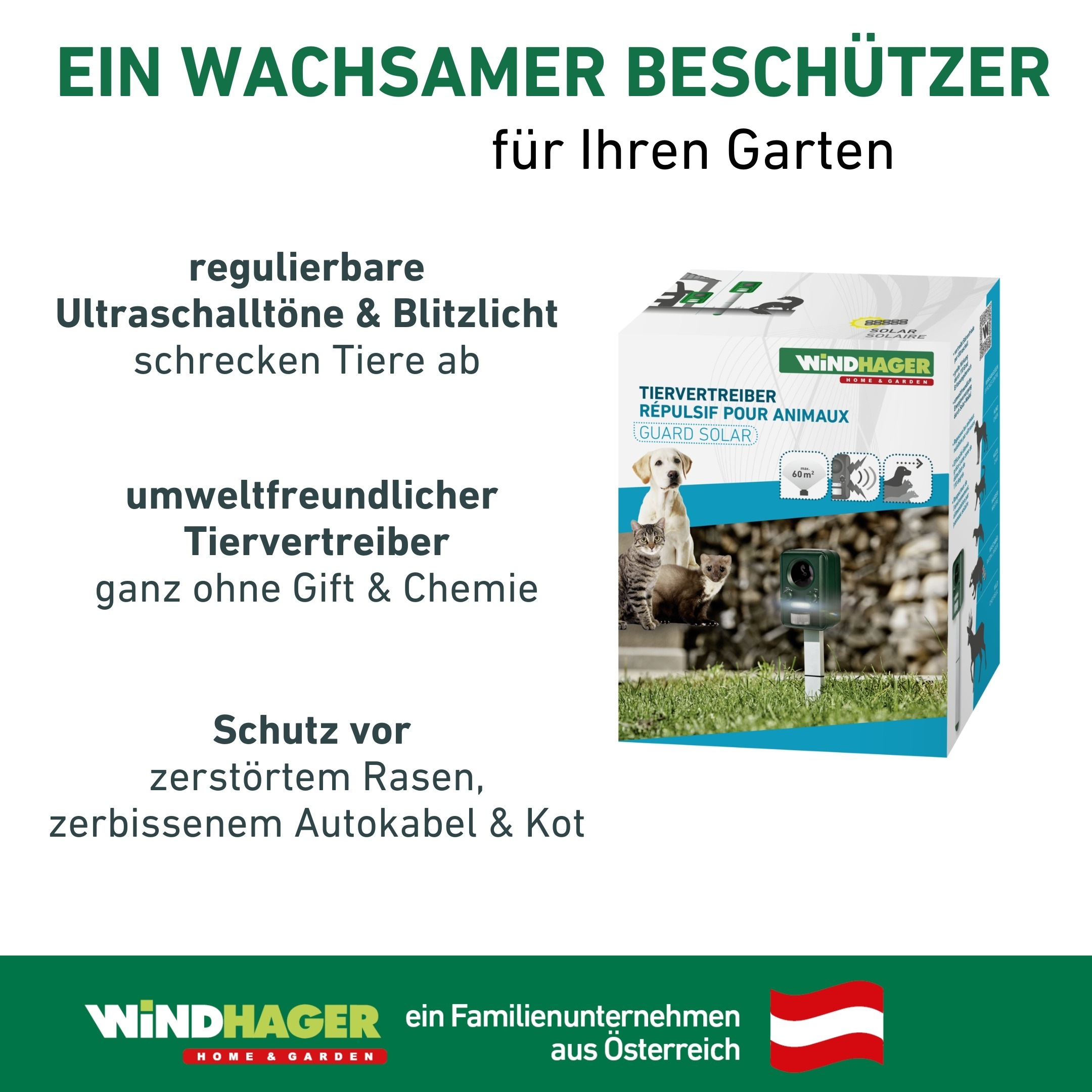 Windhager Ultraschall-Tierabwehr »Gerät Outdoor, mit Solar oder Batterie« Tiervertreiber gegen Marder, Waschbären, Wirkungsbereich 40 oder 60 m²