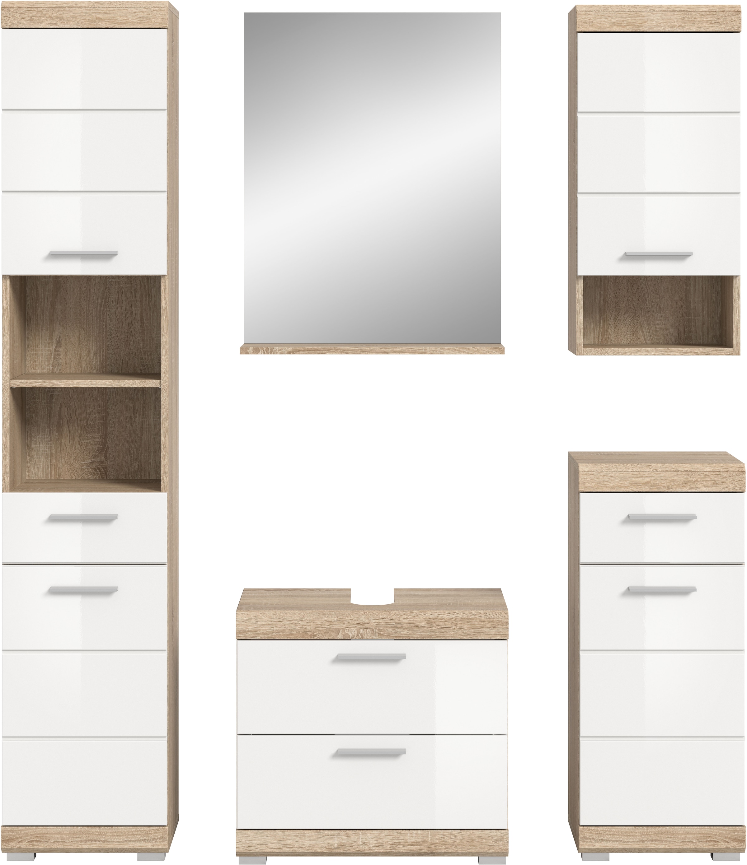 INOSIGN Badmöbel-Set »Siena, 5 teilig, bestehend aus:«, (Set, 5 St.), Hochschrank, WBU, Spiegel, Unterschrank, Hängeschrank