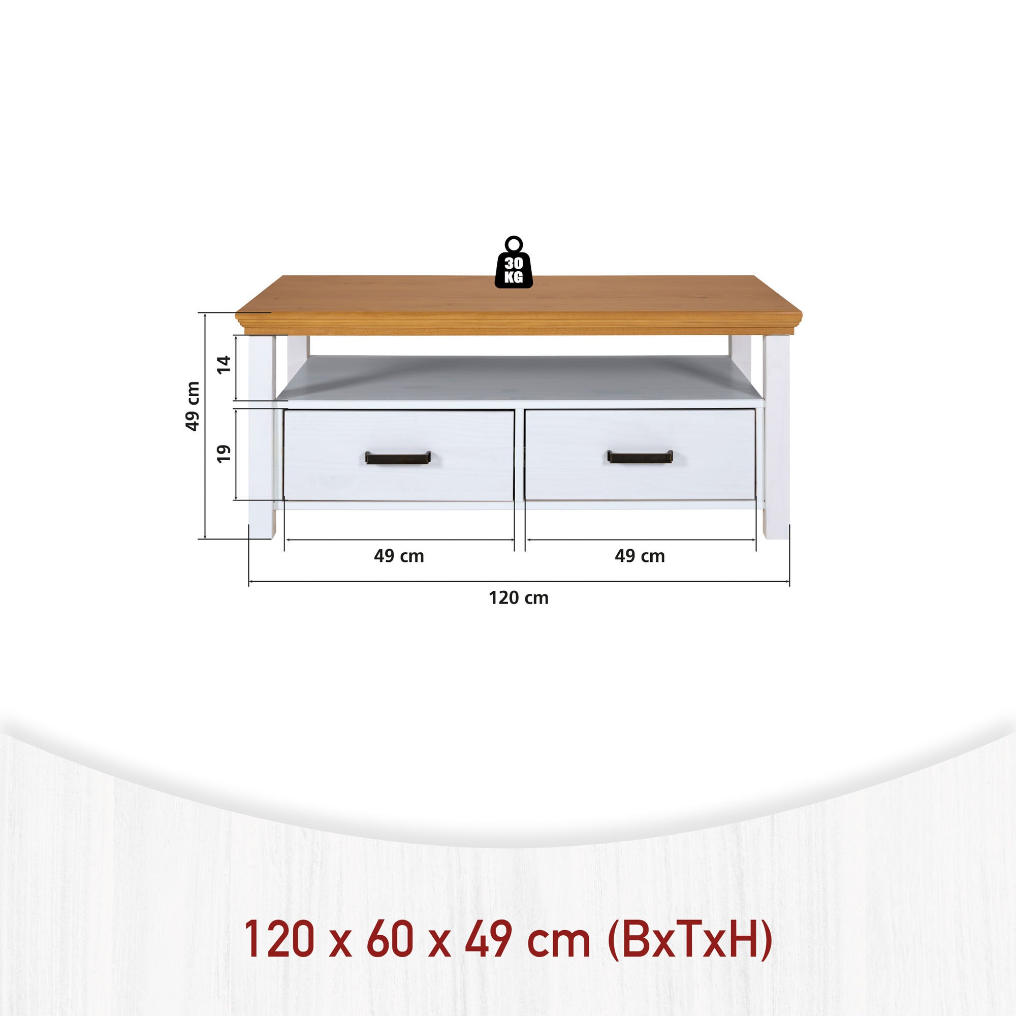 Inter Link Couchtisch »Maluno« 1 Stk. tlg. Kiefer Massiv, Soft-Close, Stauraum, BxTxH: ca. 119,40 x 60 x 49 cm