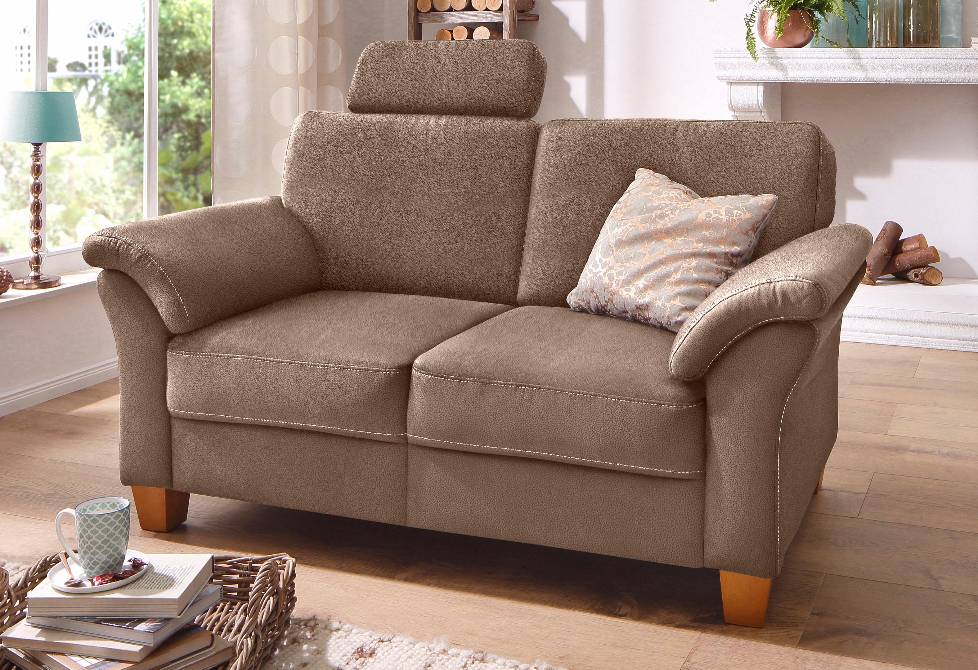 OTTO home 2-Sitzer "Borkum, B: 156 cm, Federkern-Polsterung, Landhausstil, Sitzhöhe 46 cm" Kopfstützen nachrüstbar, Wellenunterfederung, Massivholzfüße