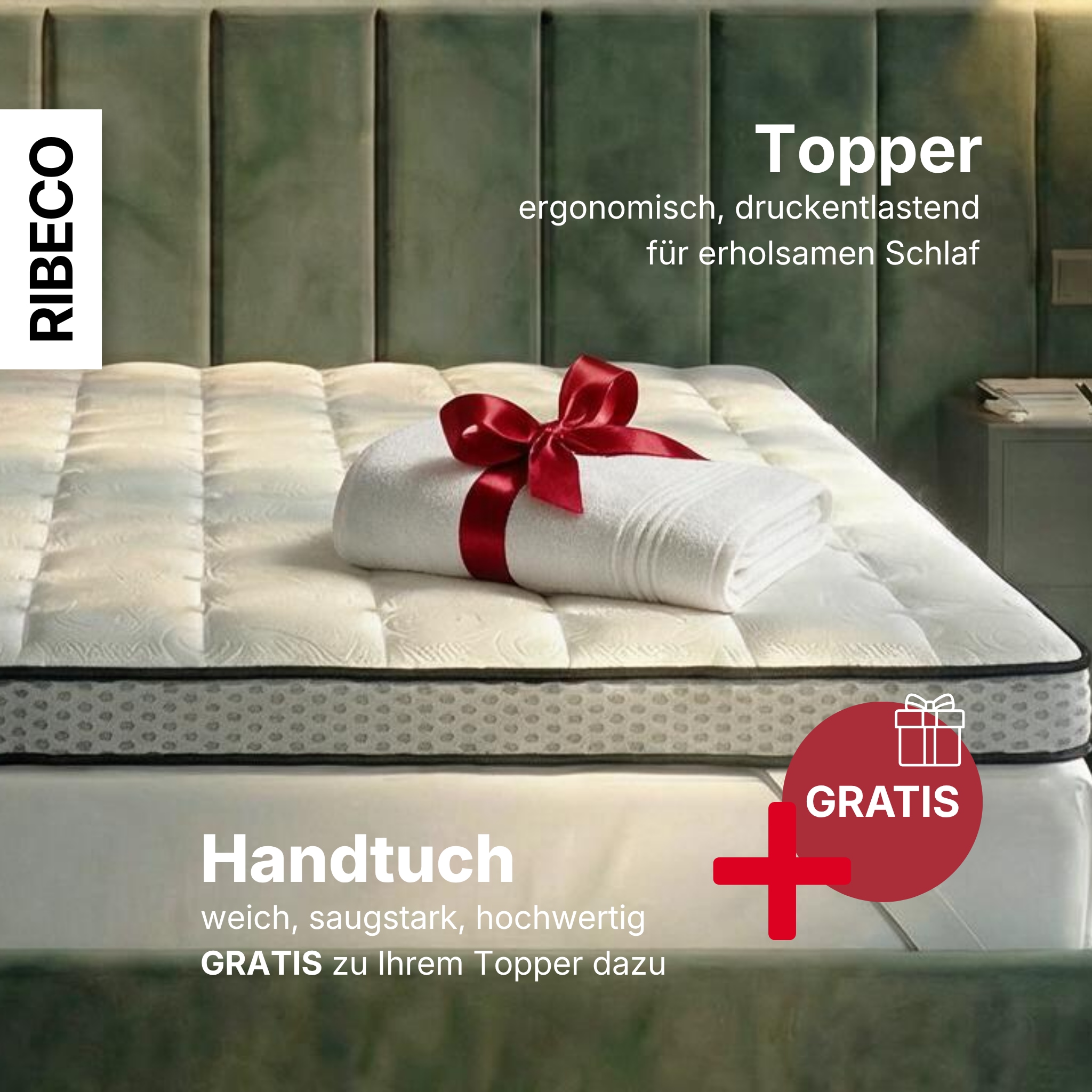 RIBECO Topper »Aaron, Topper 90x200 cm,180x200 cm, GRATIS dazu 1x Handtuch« Gelschaum, Matratze Boxspringbett geeignet, ergonomisch, Made in EU
