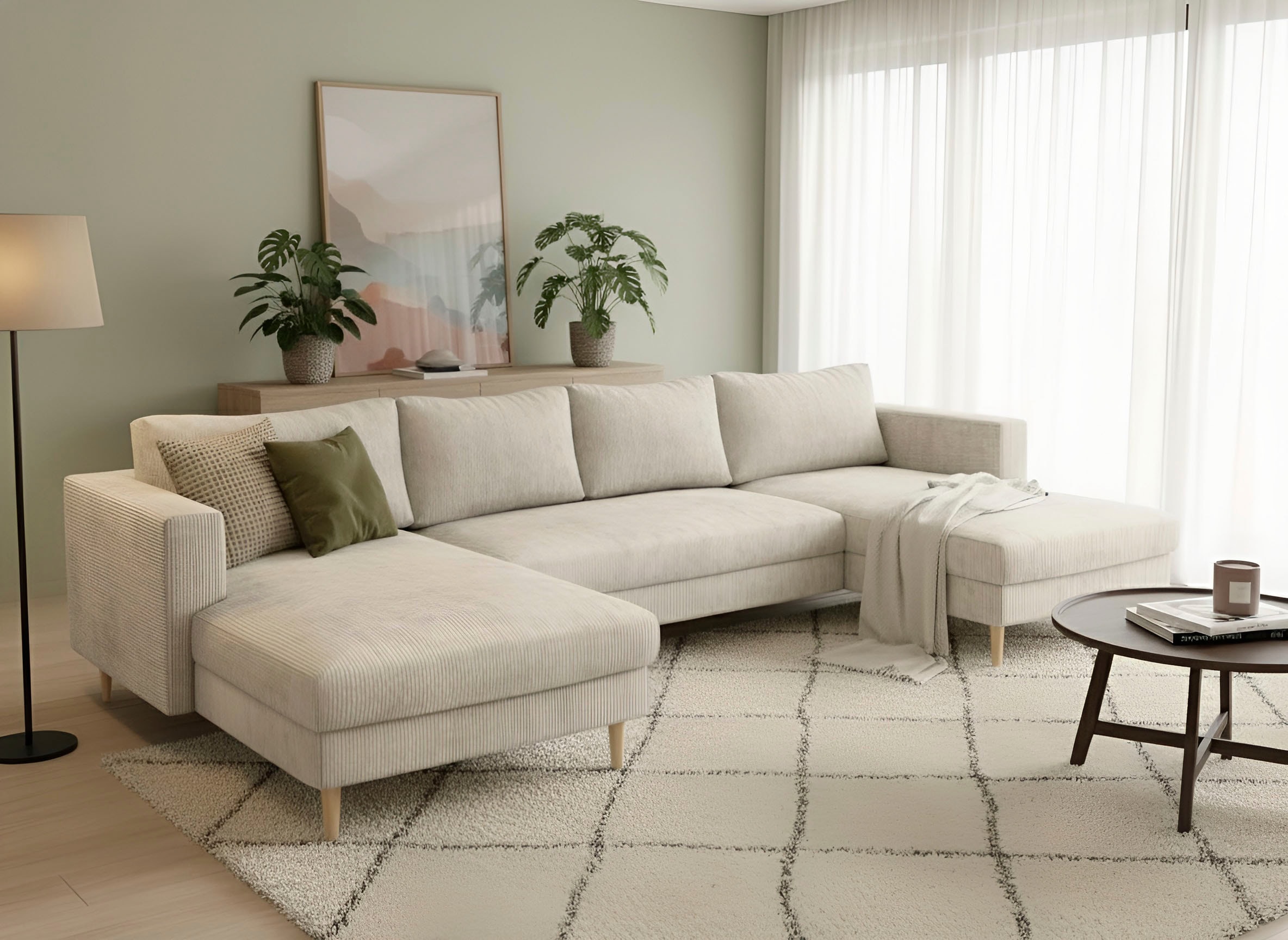 TRENDMANUFAKTUR Wohnlandschaft "Amazing, wahlw. mit Schlaffunktion & Bettkasten, Fuß Buche lackiert" Sofa in U-Form, in Cord oder Struktur, Breite 305 cm