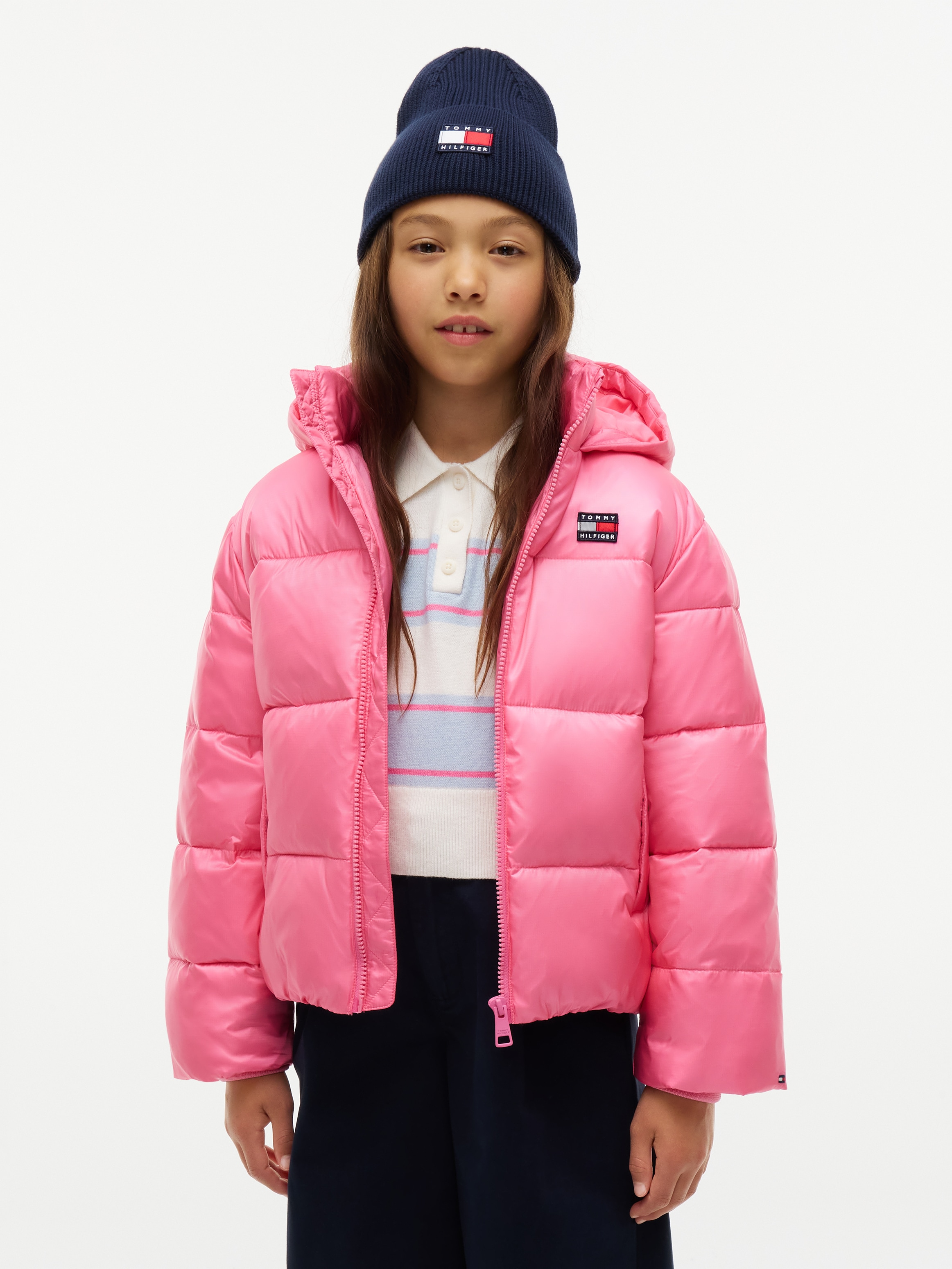 Tommy Hilfiger Steppjacke mit Kapuze mit Kapuze, Regular Fit, leicht glänzendes Material