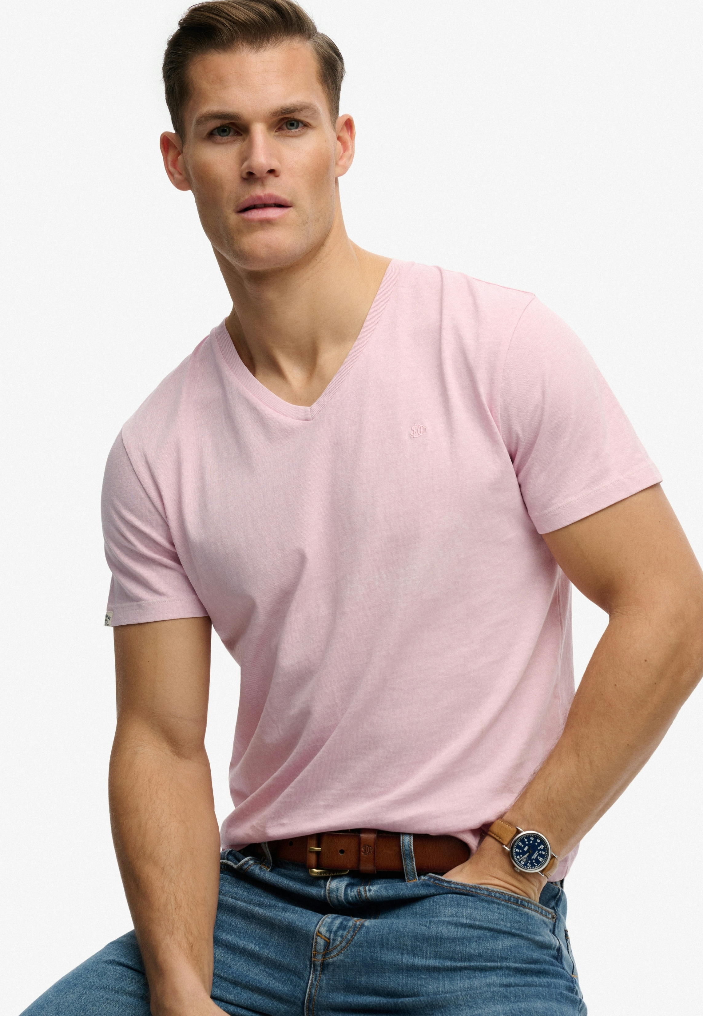 Superdry "CLASSIC COTTON LINEN VEE" Baumwollmischung, relaxed fit aus luftig leichtem Baumwoll-Leinen-Mix