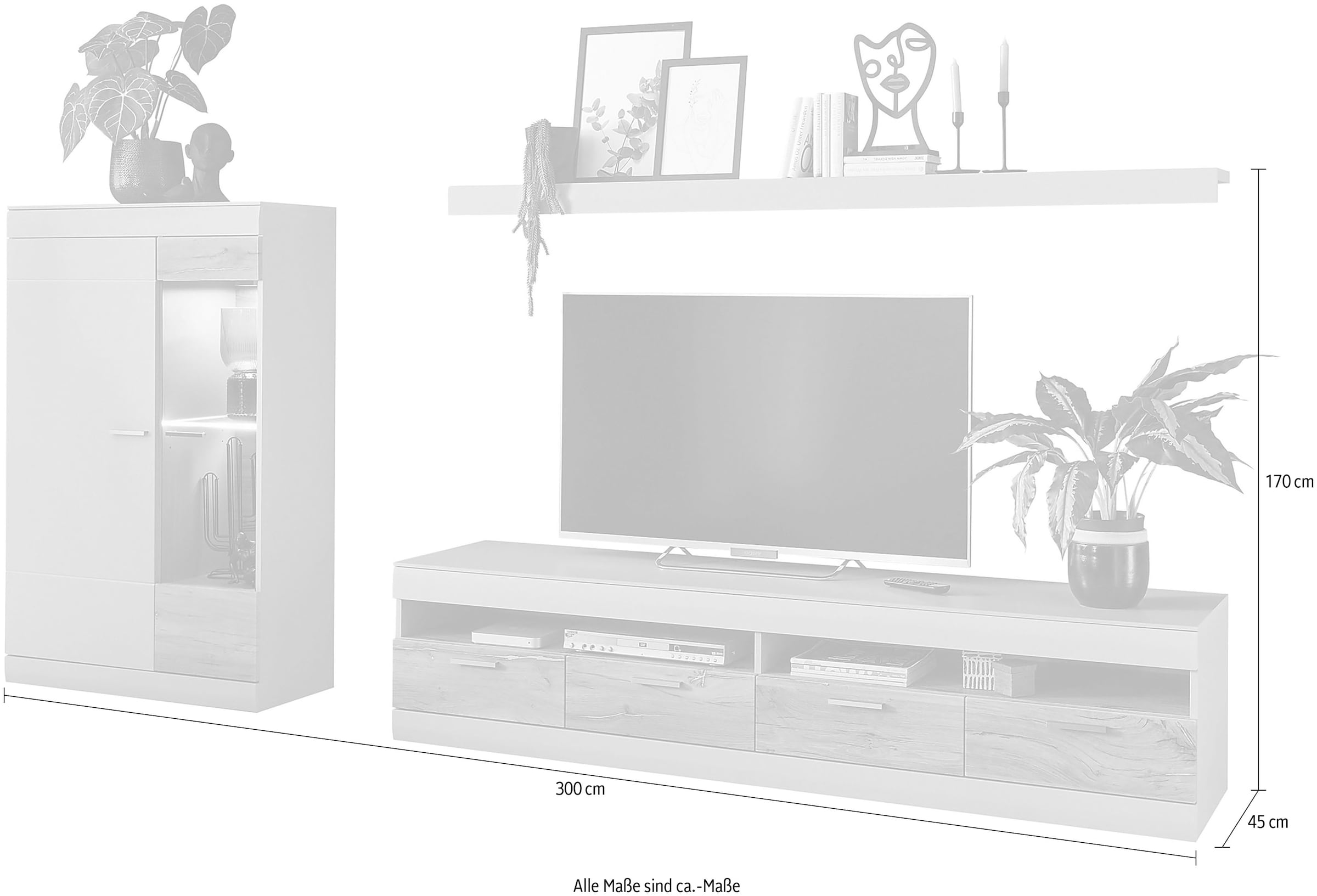 INOSIGN Wohnwand »SCARA«, (3 St.), trendige Farbe mit Applikation Zinneiche Dekor, mit Softclose-Funktion