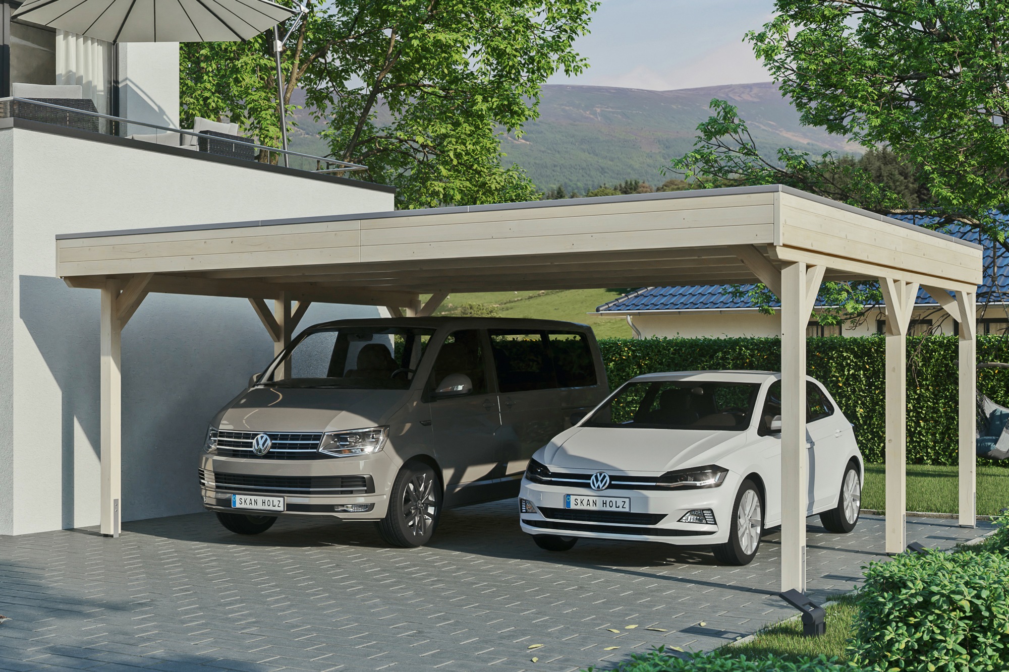 Skanholz Doppelcarport "Grunewald" Leimholz natur mit EPDM-Dach