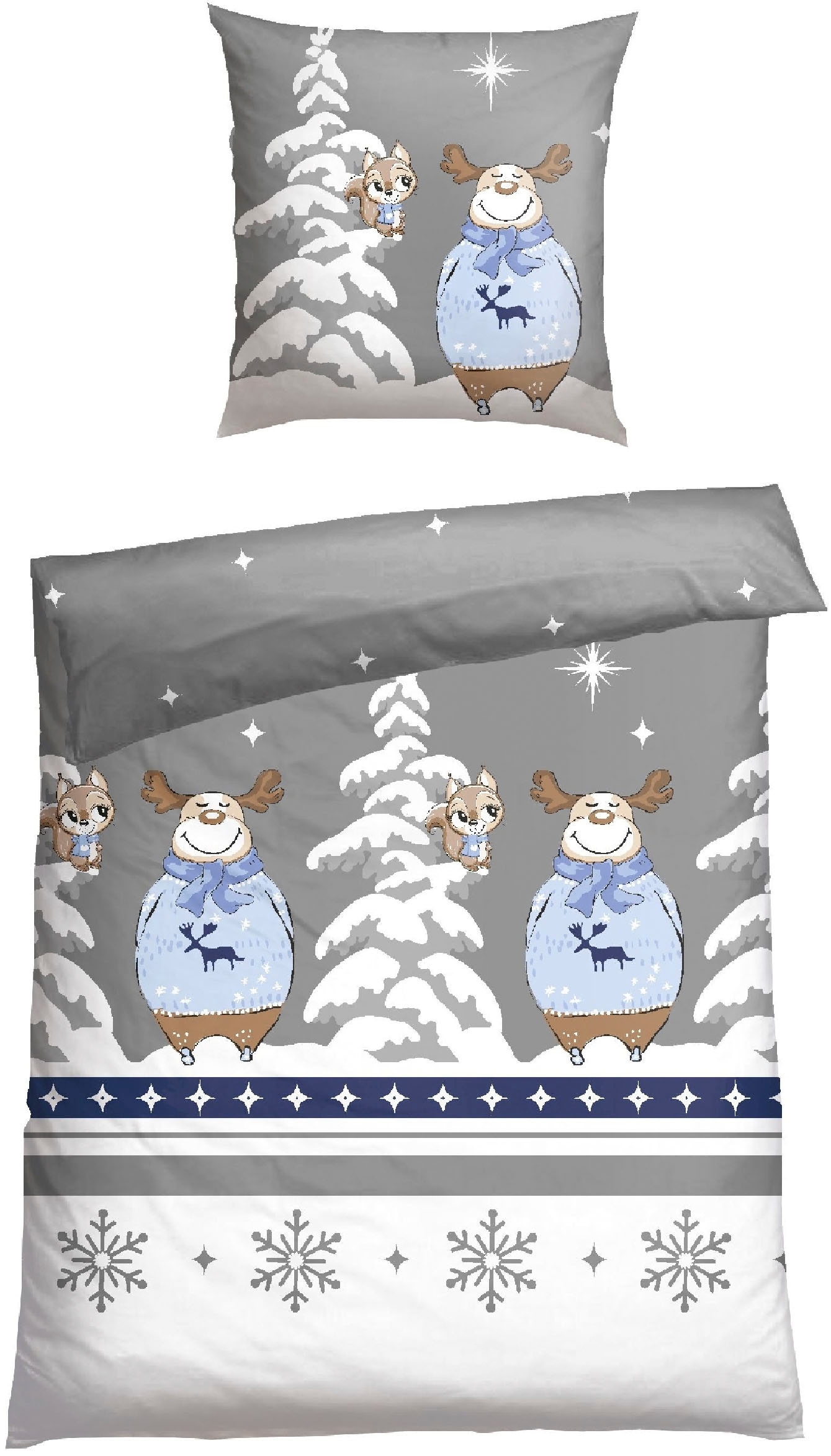 Bettwäsche SCHIESSER, grau, Feinbiber, Obermaterial: 100% Baumwolle, Bettwäsche, "Kitta aus weicher Baumwolle mit coolem Winter-Print", OEKO-TEX MADE