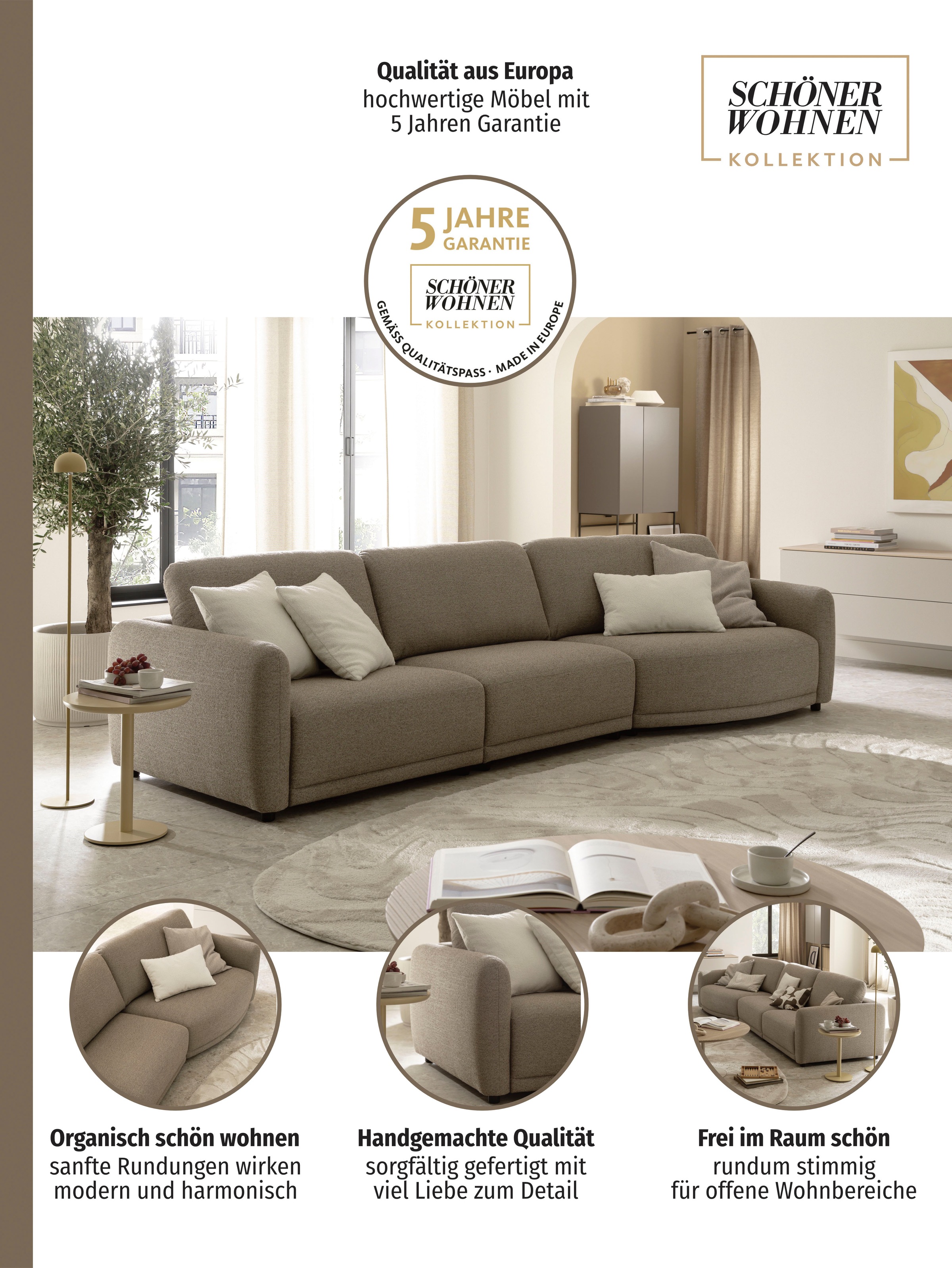SCHÖNER WOHNEN-Kollektion »Wonder, Mega-Sofa, Modernes Design mit sanfter Rundung, Breite 349cm« Organische Form, Kammerkissen-Komfort & XXL-Maße