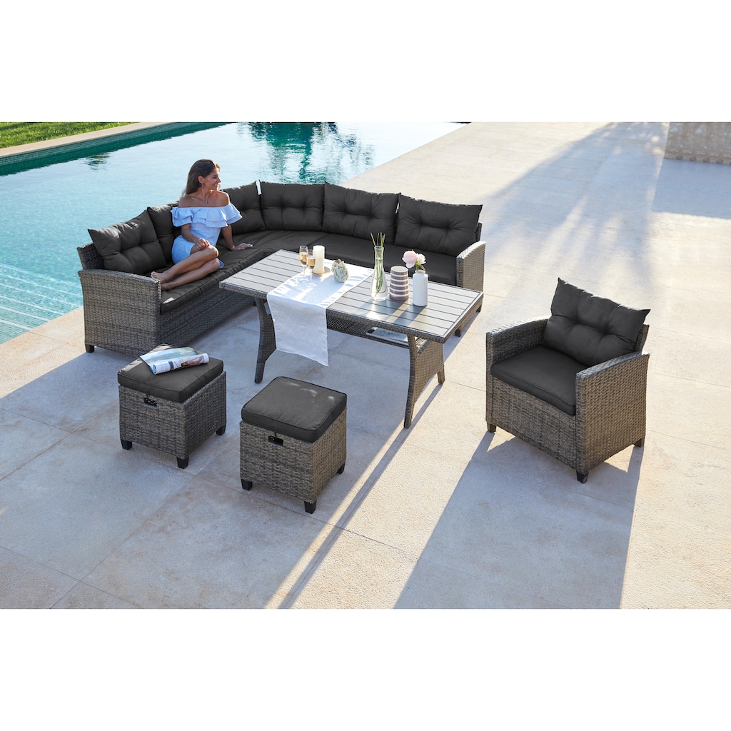 KONIFERA Gartenlounge-Set »Keros Premium«, (Set, 20 tlg., 2x 2er Sofa, 1x Ecke, 1x Sessel, 2x Hocker, 1x Tisch 145x75x67,5cm), Ecklounge, Polyrattan, Stahl, geeignet für 8 Personen, inkl. Auflagen