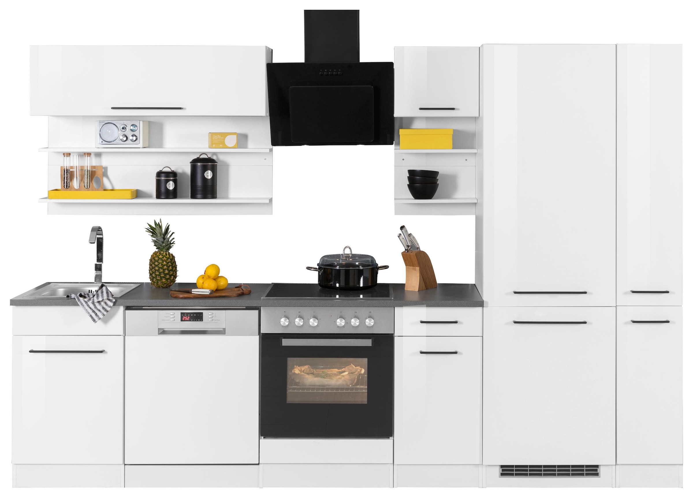 KOCHSTATION "KS-Tulsa" mit E-Geräten, Breite 300 cm, schwarze Metallgriffe, MDF Fronten