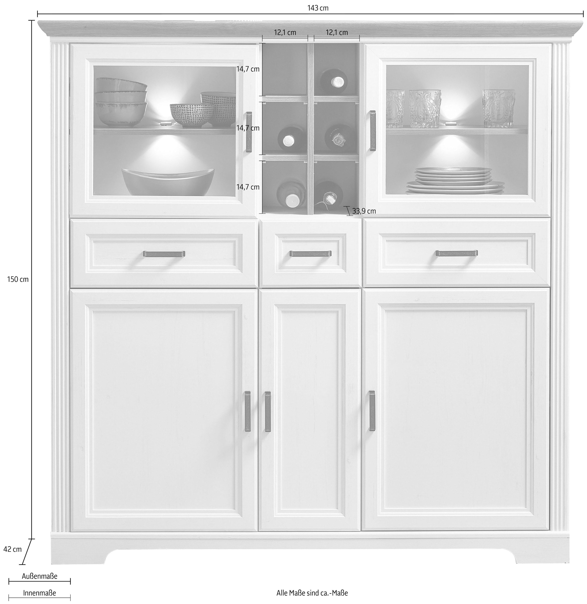 Innostyle Highboard »Jasmin«, 2 Glas-/Holztüren, 8 offene Fächer, inkl. LED-Beleuchtung