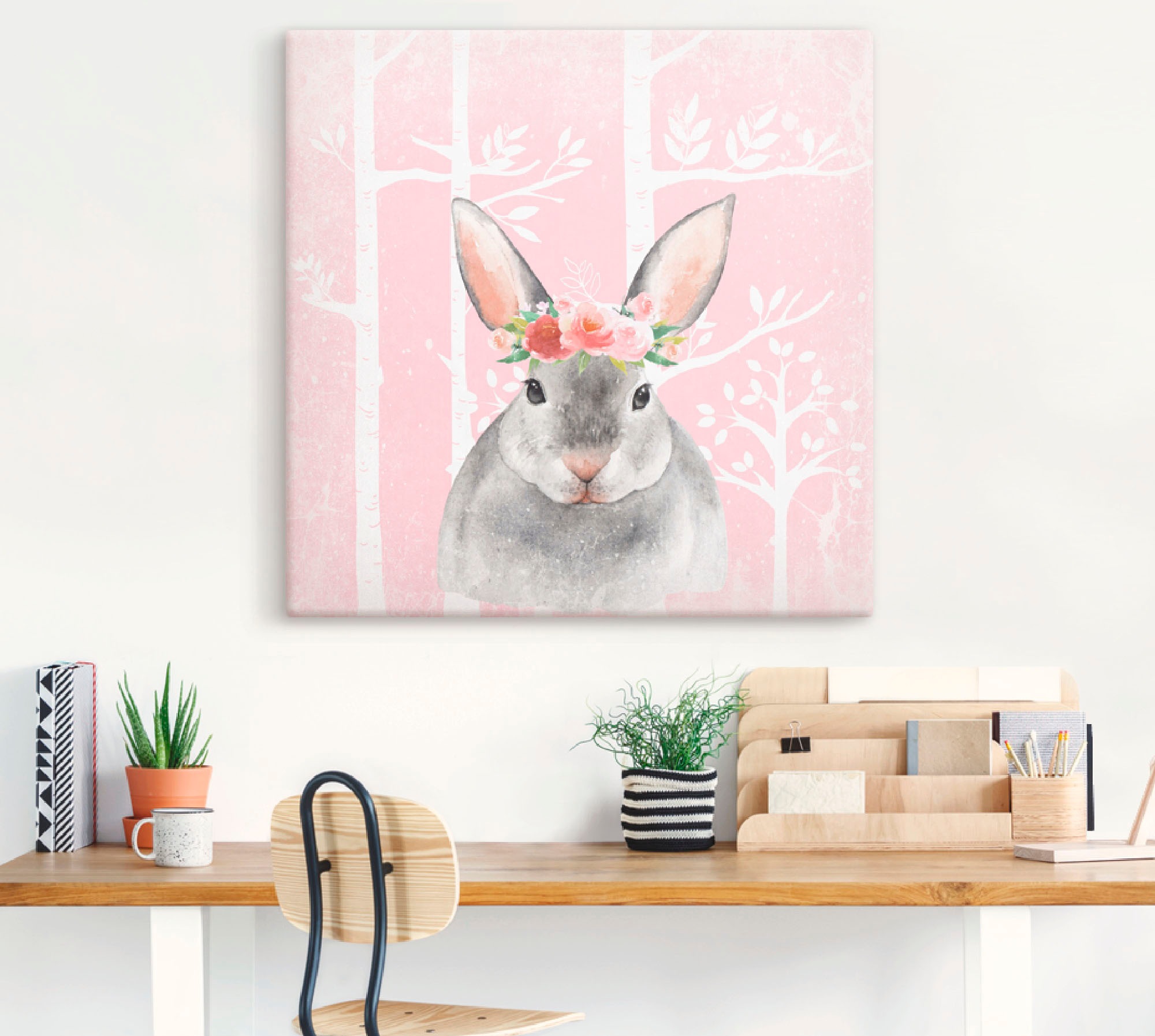 Artland Leinwandbild »Hase mit Blumen im pink Wald«, Tiere, (1 St.), auf Keilrahmen gespannt