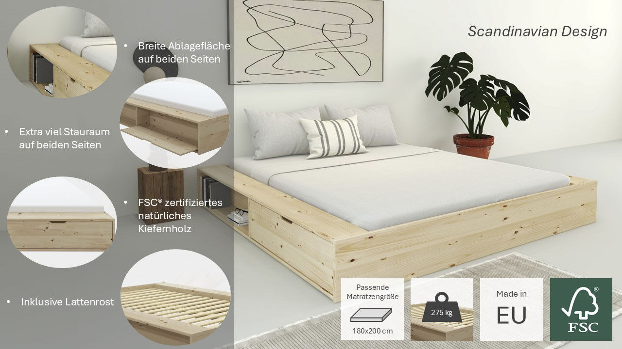 Thumbnail - Home affaire Stauraumbett "Erno, Massivholzbett, Futonbett, 275KG belastbar", (Breite/ Belastbarkeit: 120cm/275 KG, 180c...
