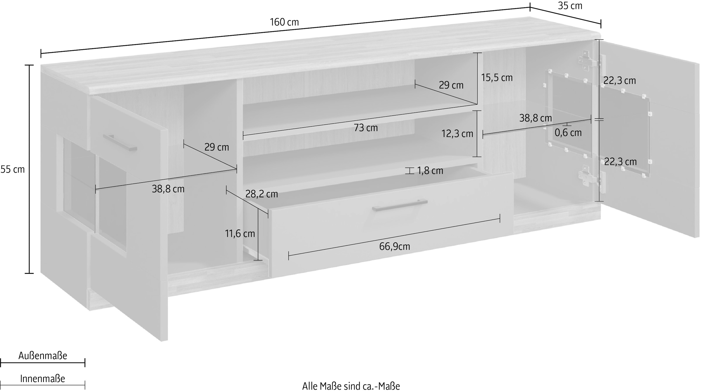 Home affaire Lowboard »Ribe,160cm breit,55cm hoch,Oberplatte Eiche massiv«, Eiche massiv,Melamin in Salbeigrün,schwarze Metall Griffe