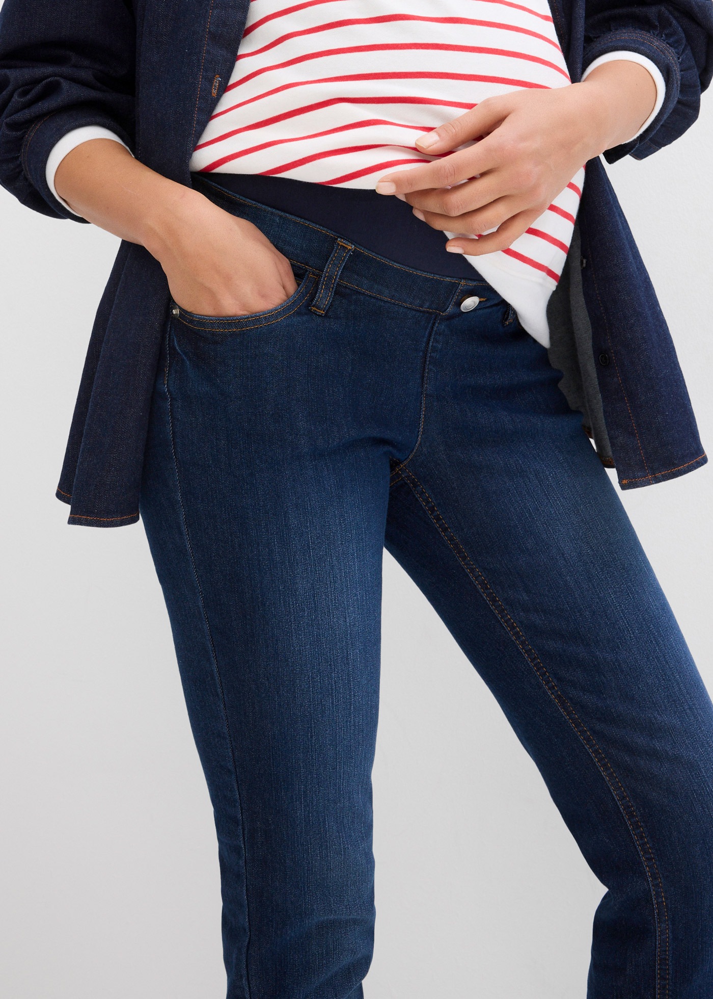 Umstandsjeans BONPRIX, Damen, Gr. 46, N-Gr, dunkelblau denim, Denim/Jeans, Obermaterial: 82% Baumwolle, 17% Polyester, 1% Elasthan. Einsatz: 95% Baumwolle, 5% Elasthan, regular fit, Jeans, regular fit, gerades Bein, breiter Bund aus Baumwolljersey 3