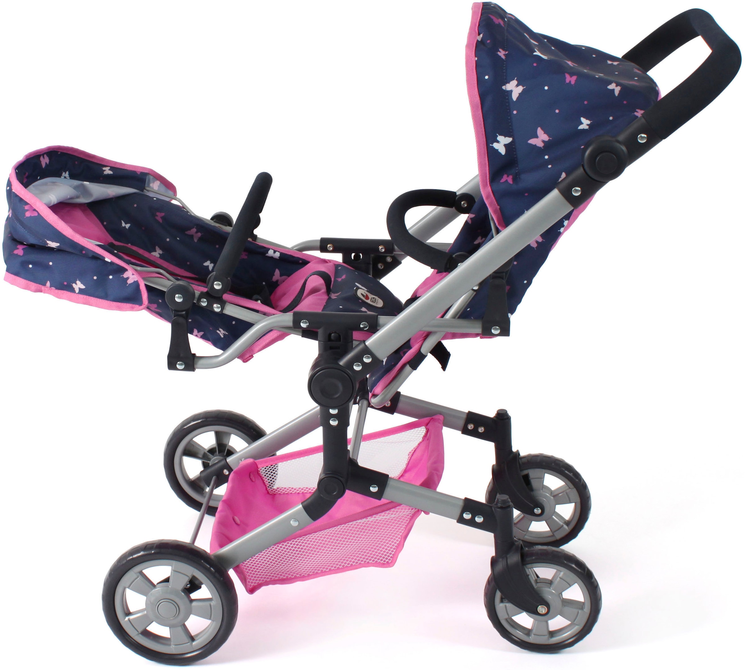 CHIC2000 Puppen-Zwillingsbuggy »Linus Duo, Butterfly, rosa«, mit zwei abnehmbaren, bis in Liegeposition verstellbaren Sportsitzen