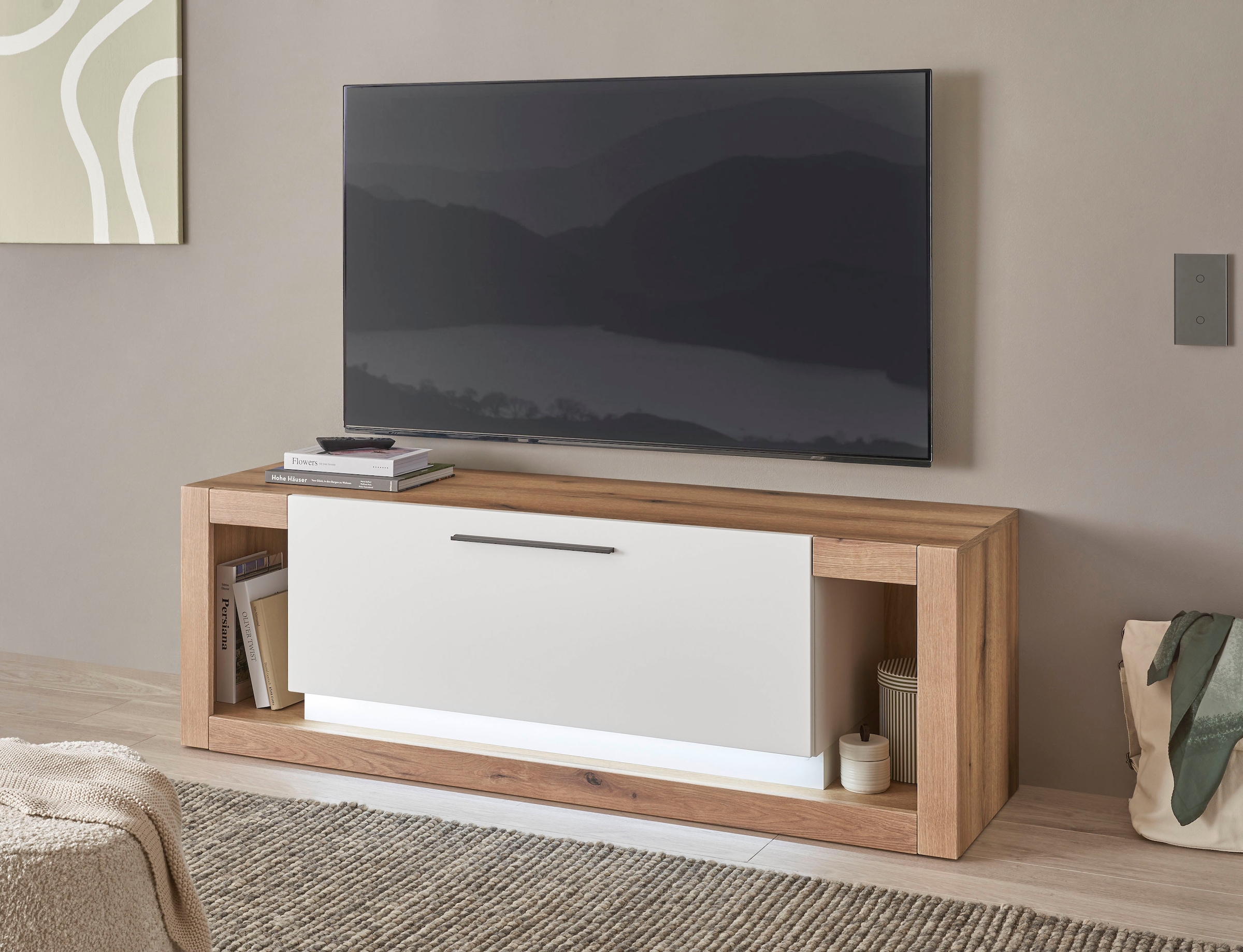INOSIGN Wohnwand »Brixen, moderne Anbauwand, Wohnzimmer-Set, Eiche Evoke Dekor mit Weiß«, (Set, 4 St.), enthält Stauraumelemente, Lowboard und Wandboard