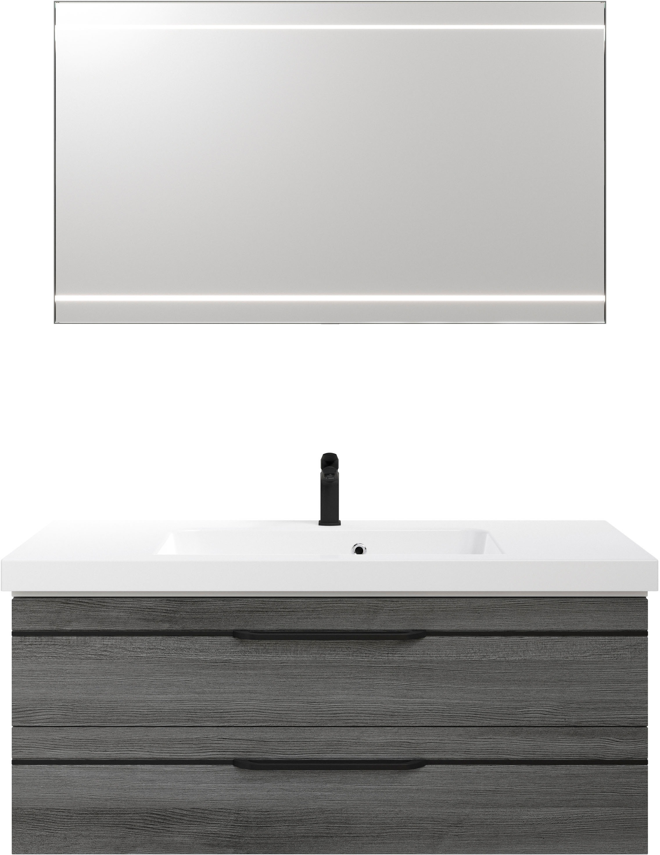 Saphir Badmöbel-Set »Balto 2-teilig Mineralmarmor-Waschtisch mit LED-Spiegel, 123 cm breit«, (2 St.), Waschplatz mit 2 Schubladen, Badschrank inkl. Schubladendämpfer