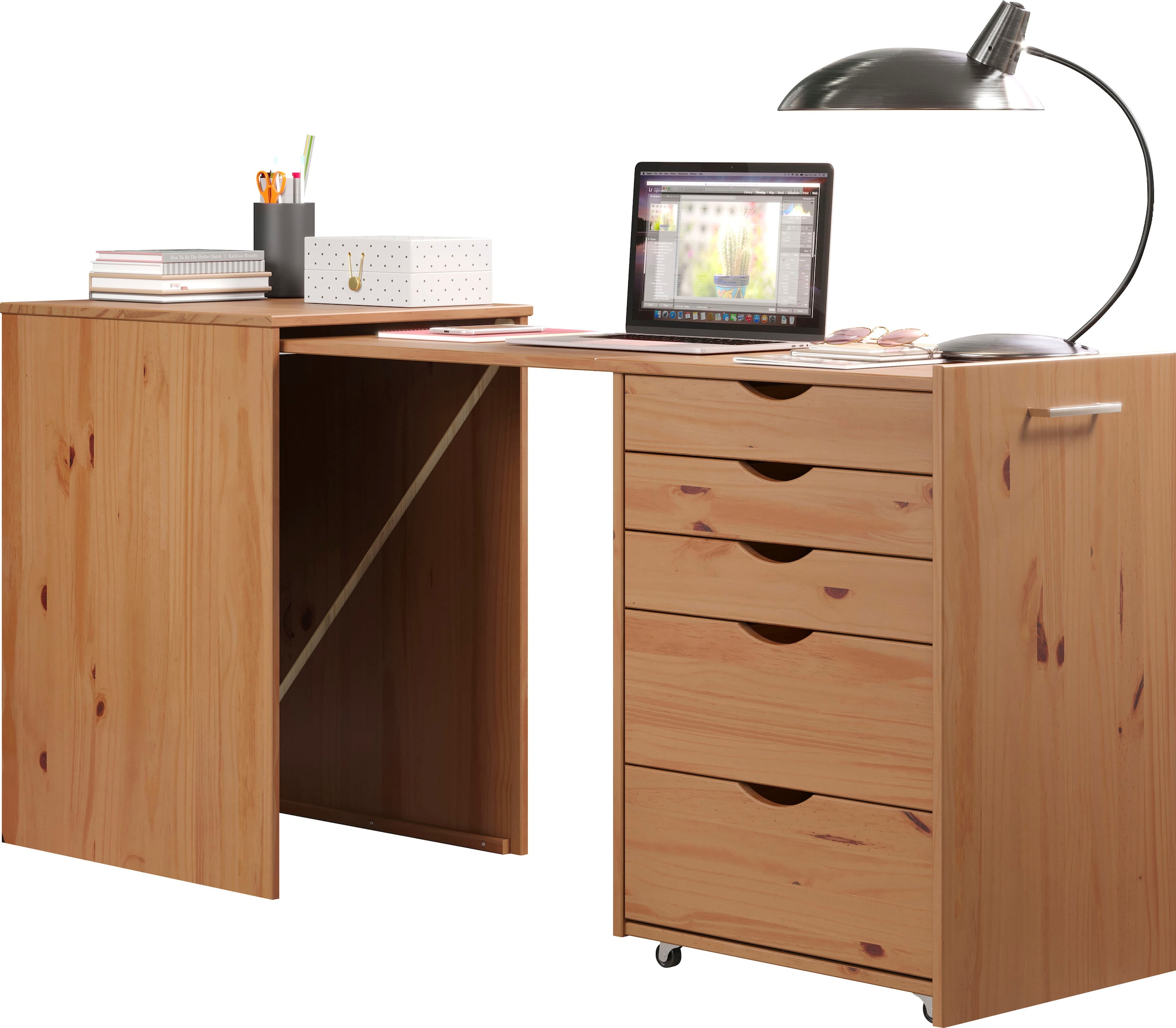 INTER-FURN Regal-Schreibtisch »Voltera«, (1 St.), kleiner Massivholz Schreibtisch, groß ausziehbar von 57 zu 164 cm
