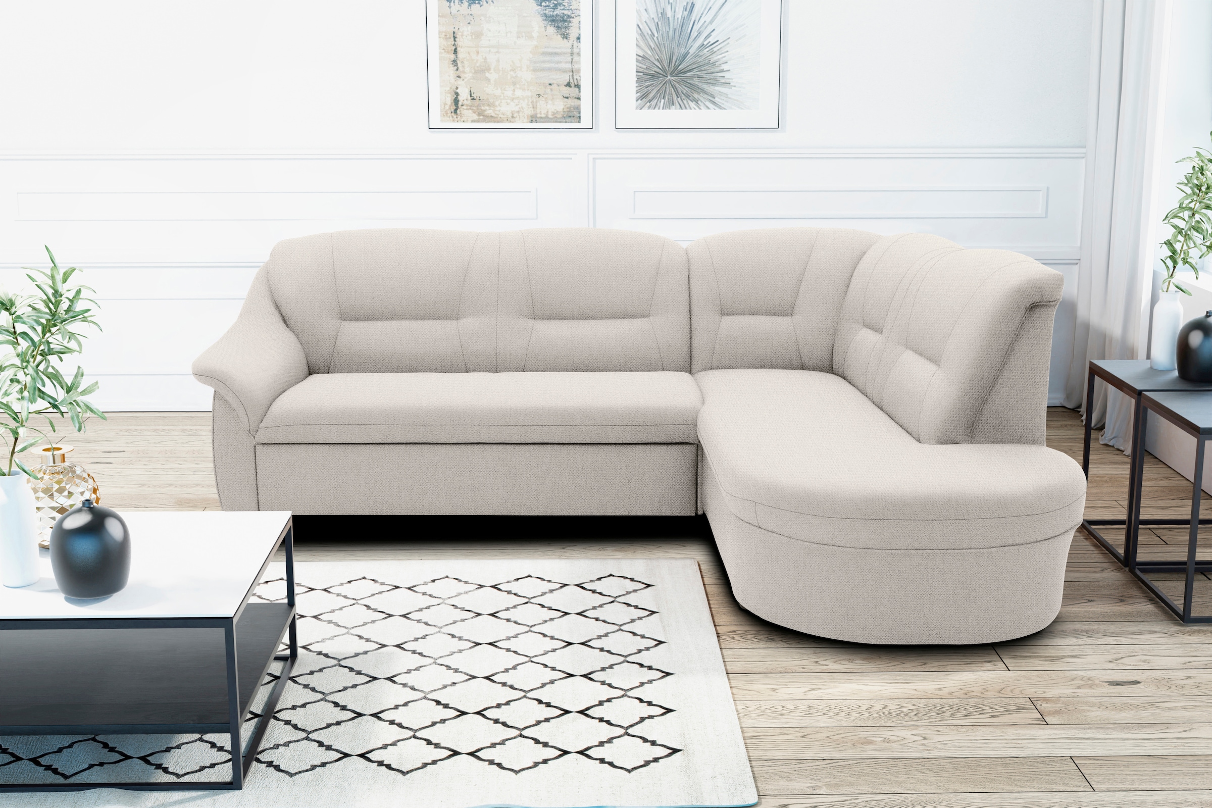 DOMO collection Ecksofa »Faenza für kleine Räume, Stellmaße 232,176cm, komfortabel, L-Form«, mit Ottomane, zeitlos, elegante Armlehnen, wahlweise mit Bettfunktion