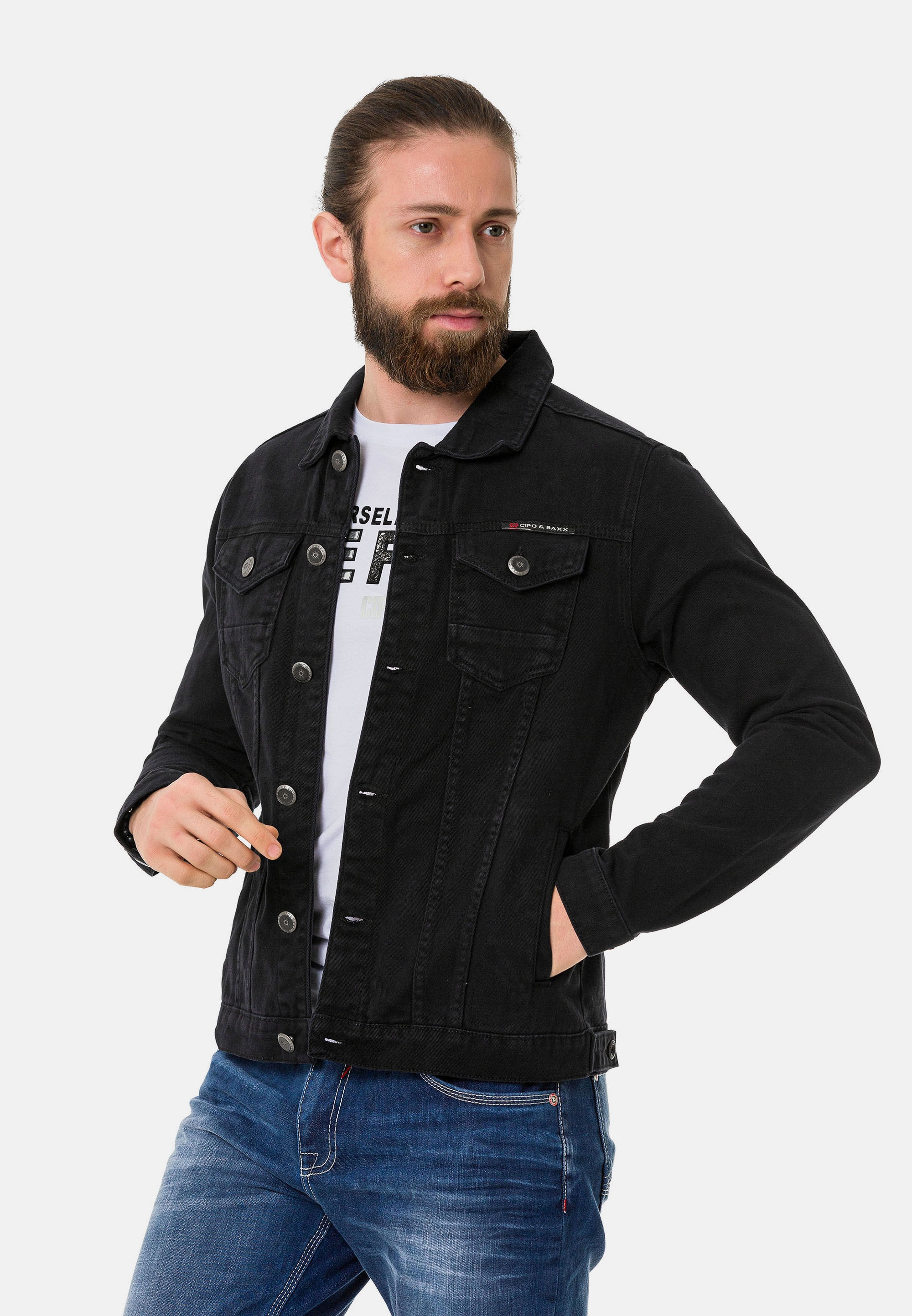 Cipo & Baxx Jeansjacke »CJ289« ohne Kapuze mit Knopfleiste