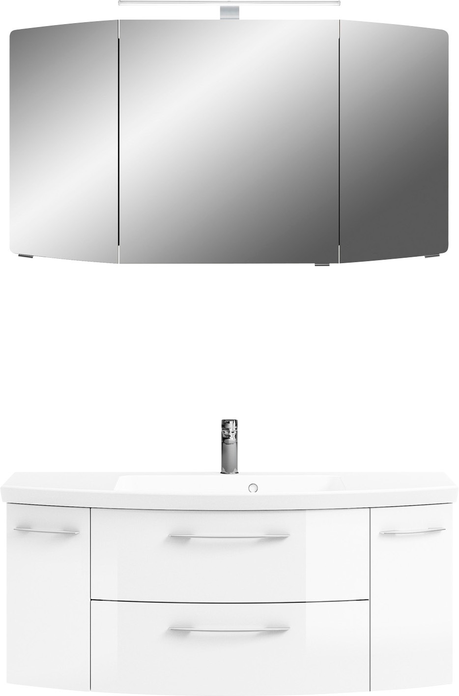 Saphir Badmöbel-Set »Cassca Sprint 2-teilig Mineralmarmor-Waschtisch mit LED-Spiegelschrank«, (2 St.), Waschplatz 121 cm breit mit 5 Türen, 2 Schubladen, inkl. Türdämpfer