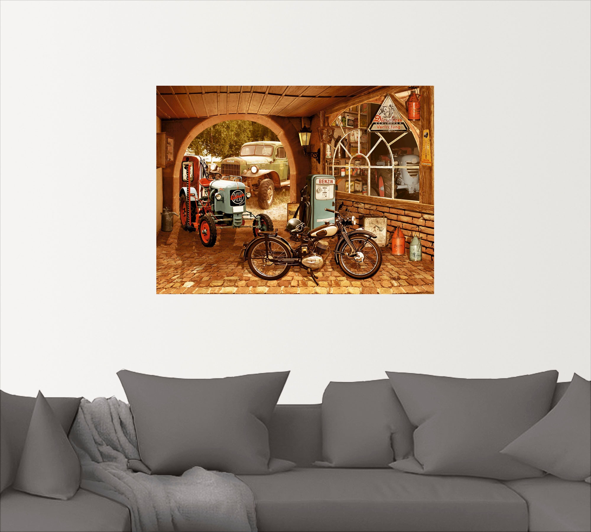 Artland Wandbild "Werkstatt mit Traktor und Motorrad", Traktoren, (1 St.), günstig online kaufen