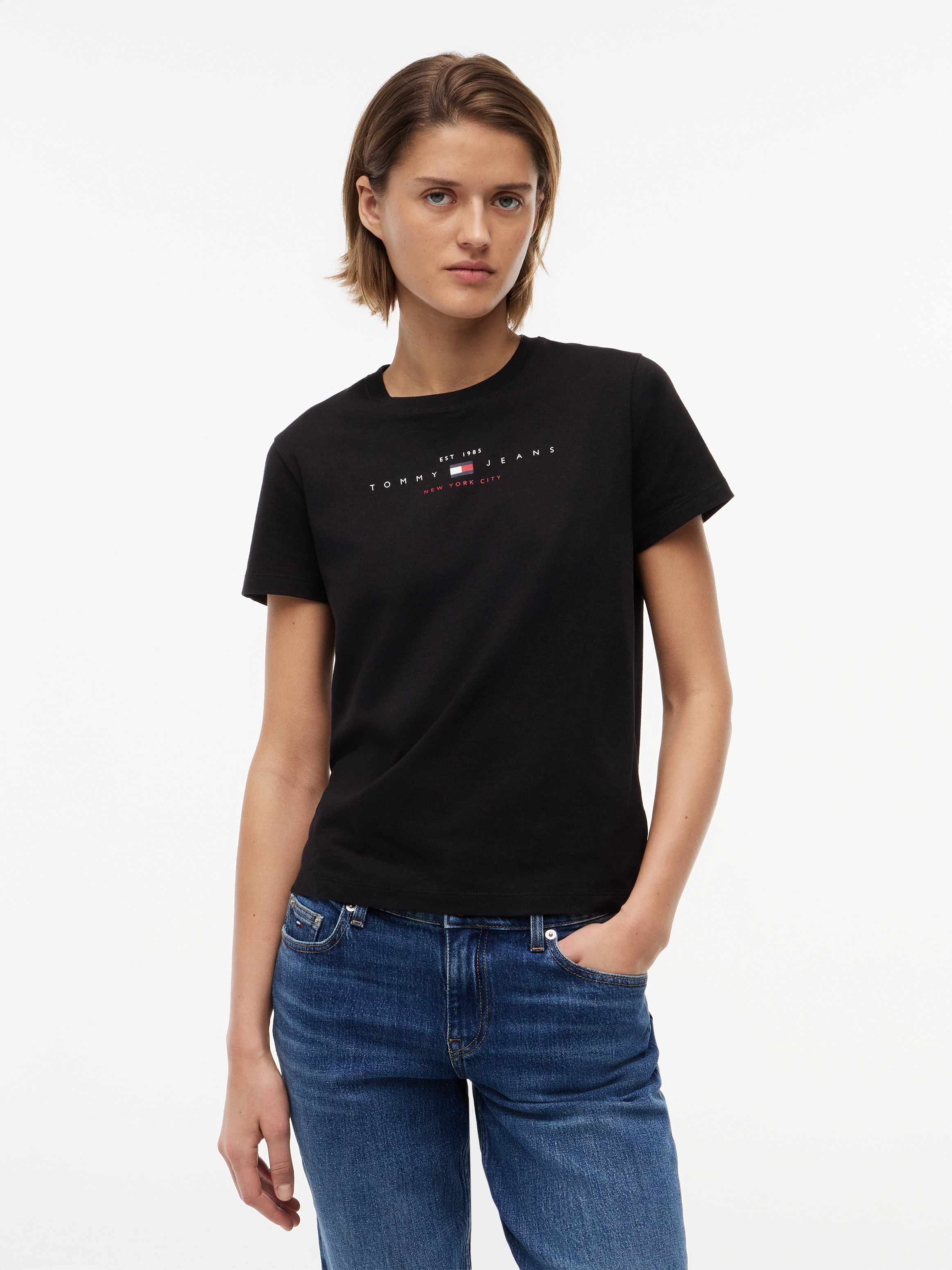 Tommy Jeans Kurzarmshirt "TJW REG US LINEAR SS TEE" Baumwollmischung, regular fit, Logo