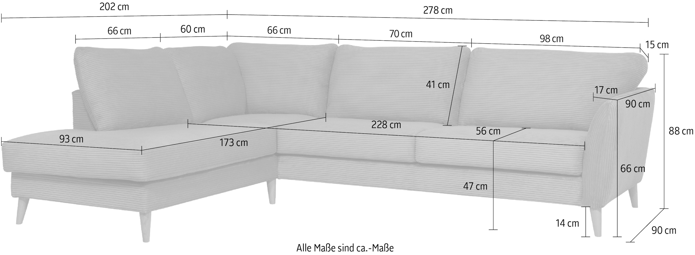 Home affaire Ecksofa »MARSEILLE 278/202 cm, L-Form, Ottom. rechts/links«, Massivholzbeine aus Eiche, in verschieden Bezügen und Farbvarianten