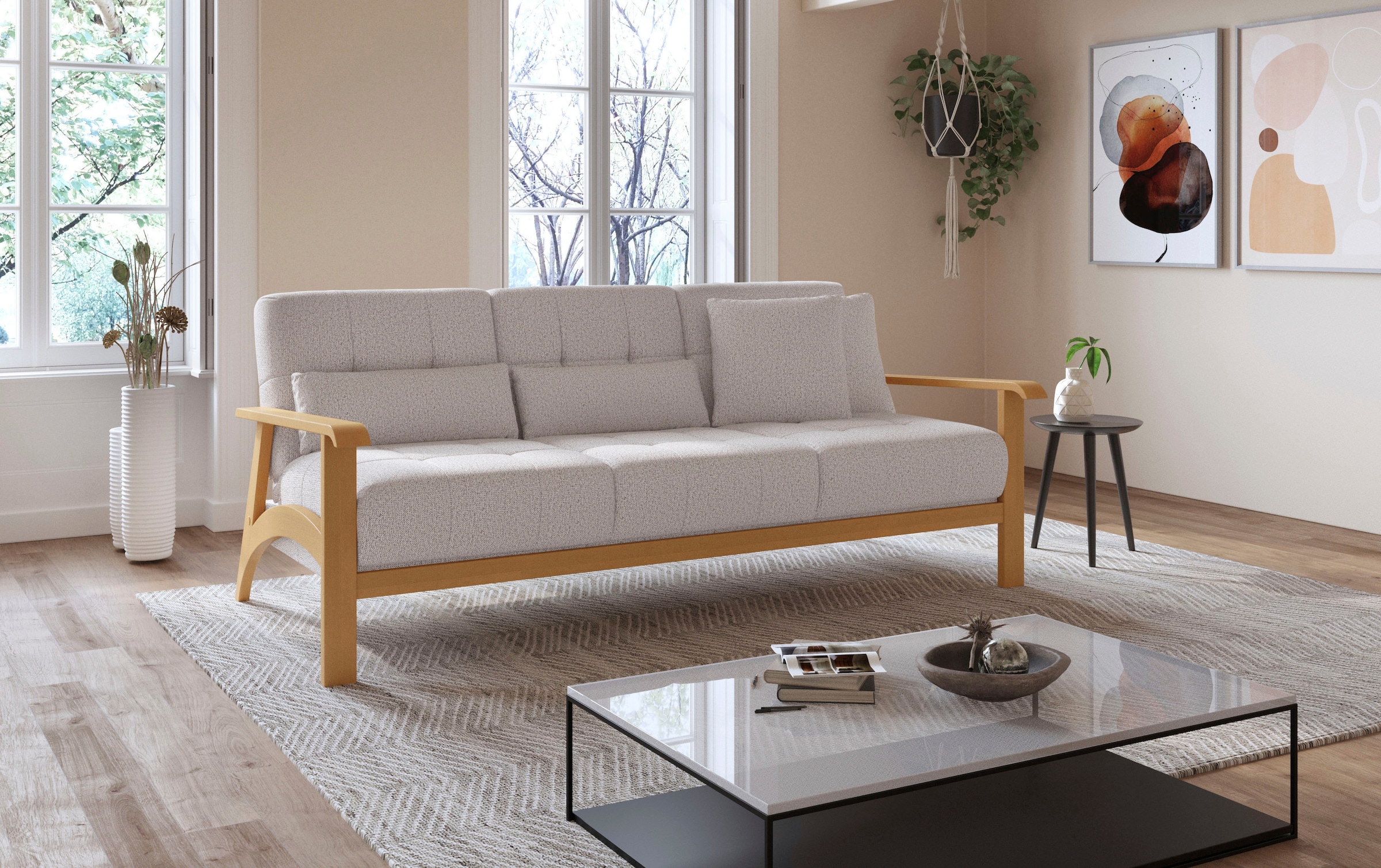 sit&more 3-Sitzer »Billund«, Armlehnen aus eichefarbigem Buchenholz, verschiedene Bezüge und Farben