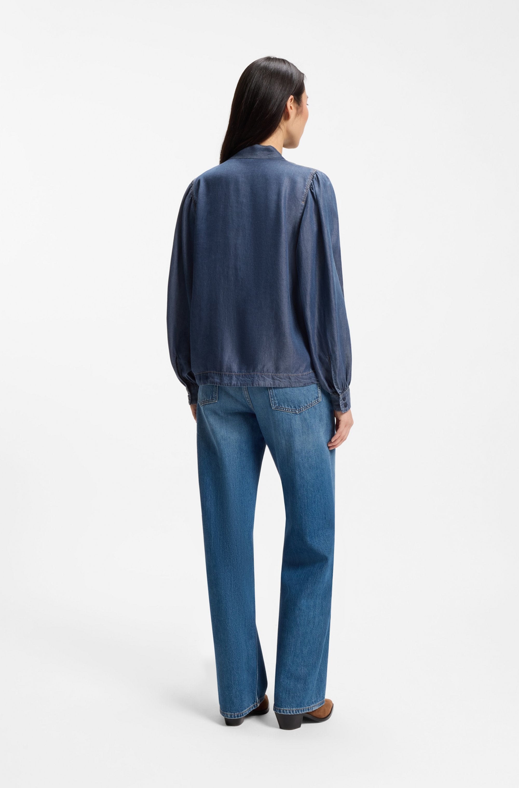 BOSS ORANGE Langarmbluse »Betilla Premium Damenmode« mit Schal-Detail, Denim-Look