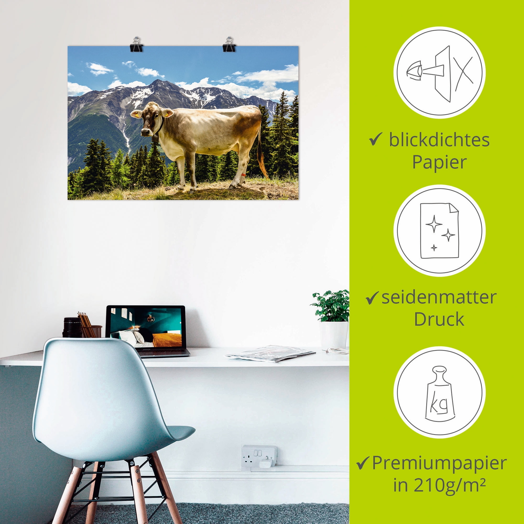 Artland Wandbild »Bergkuh in den Alpen im Sommer«, Haustiere, (1 St.), als Leinwandbild, Poster, Wandaufkleber in verschied. Größen