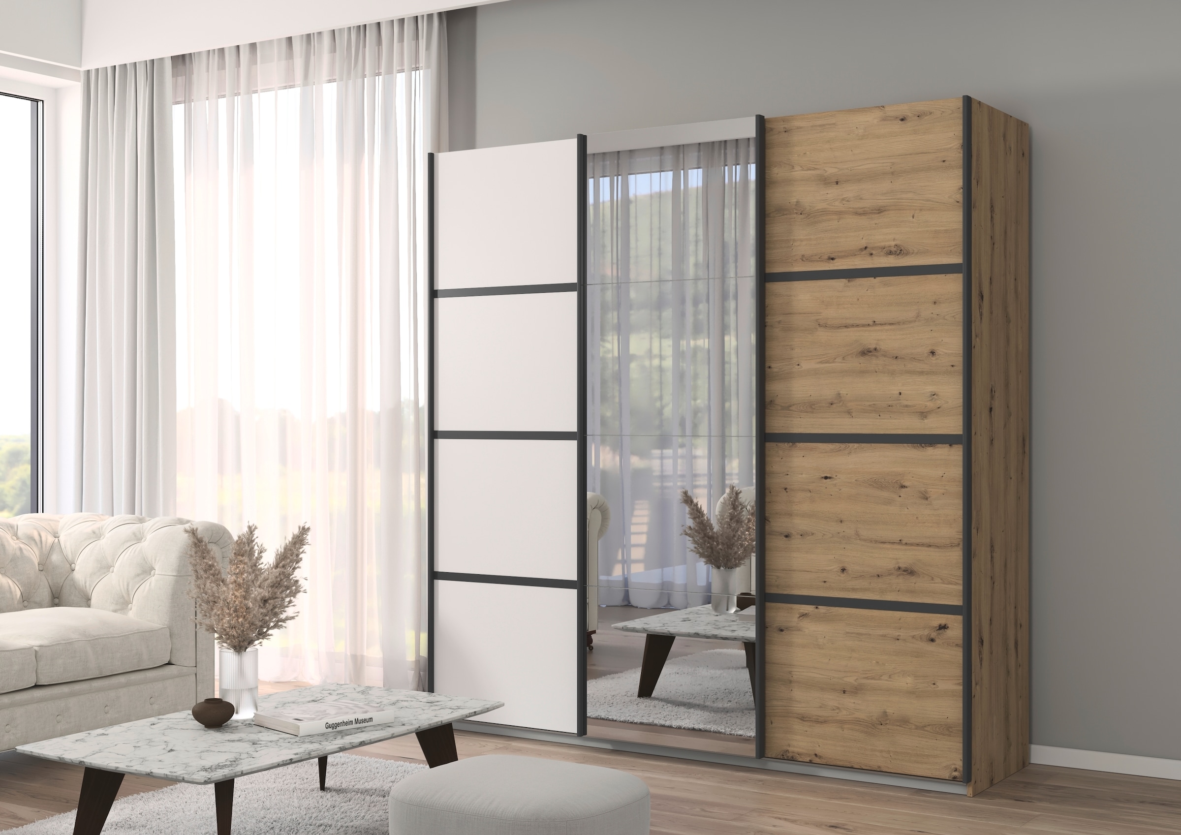 rauch Kleiderschrank »Schwebetürenschrank OTTO´s Choice Garderobe Schrank TOP ANGEBOT Avola«, (in 3 verschiedenen Ausstattungen BASIC/CLASSIC/PREMIUM inkl. Spiegel), mit eleganten Zierleisten in Chrom, Schwarz oder Weiß MADE IN GERMANY