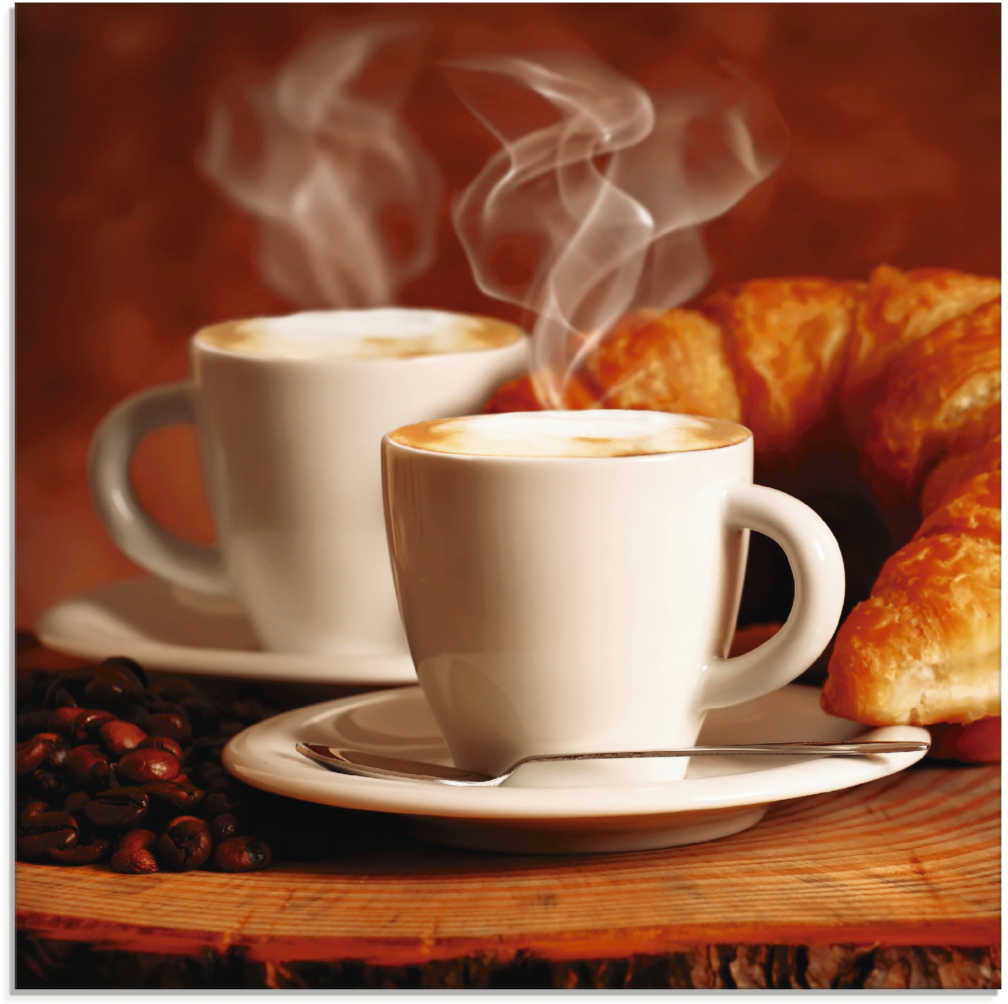 Artland Glasbild "Dampfender Cappuccino und Croissant", Getränke, (1 St.), in verschiedenen Größen