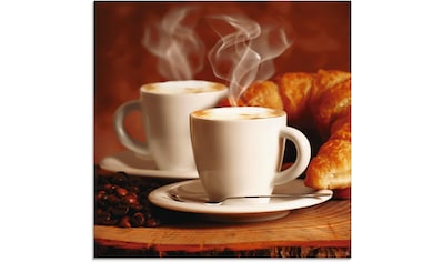 Glasbild »Dampfender Cappuccino und Croissant«, Getränke, (1 St.)