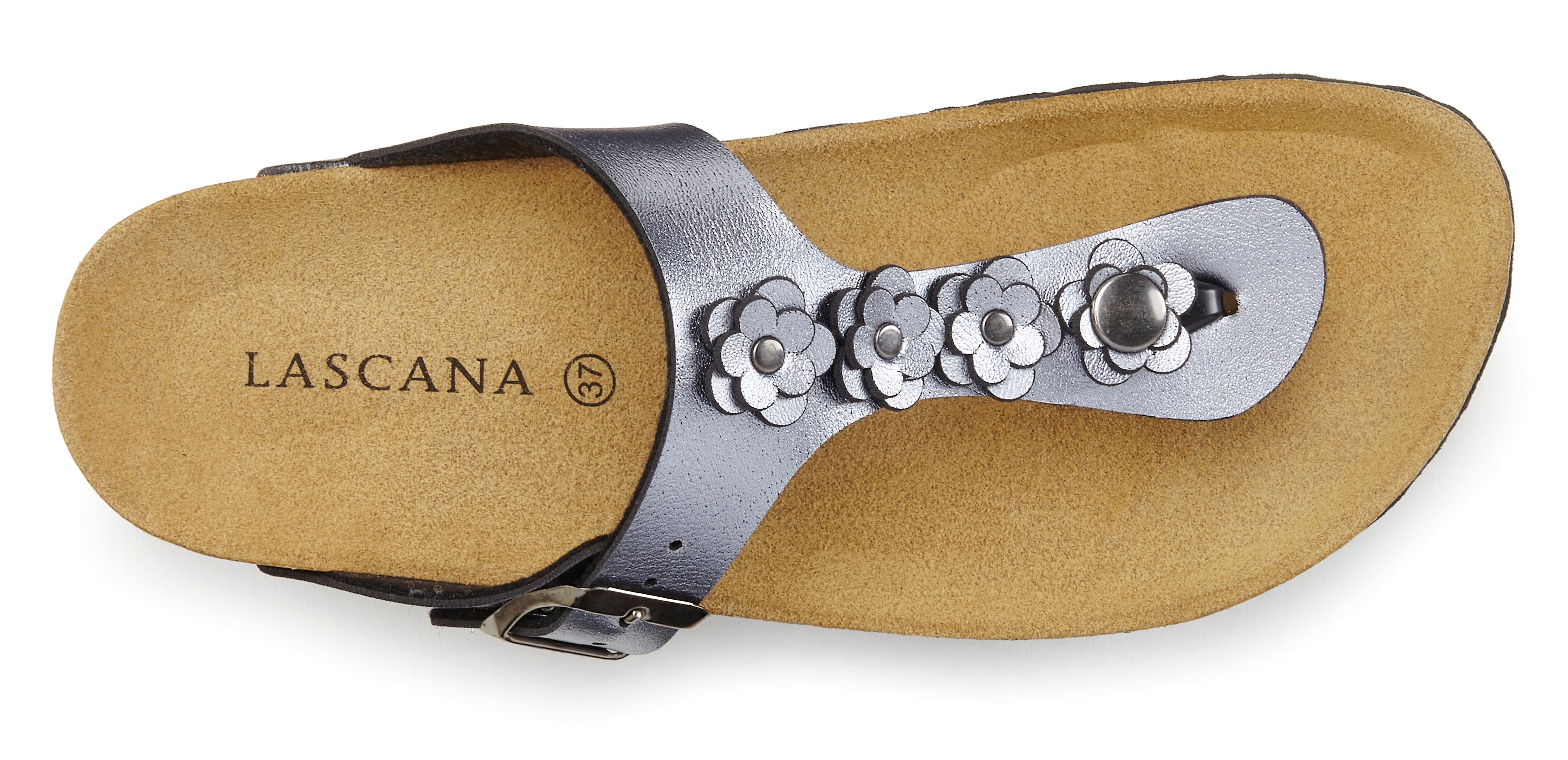 Thumbnail - LASCANA Zehentrenner "Sandale, Pantolette, offener Schuh, Sommerschuh," glänzende metallische Optik, Textil-Innenmateria...