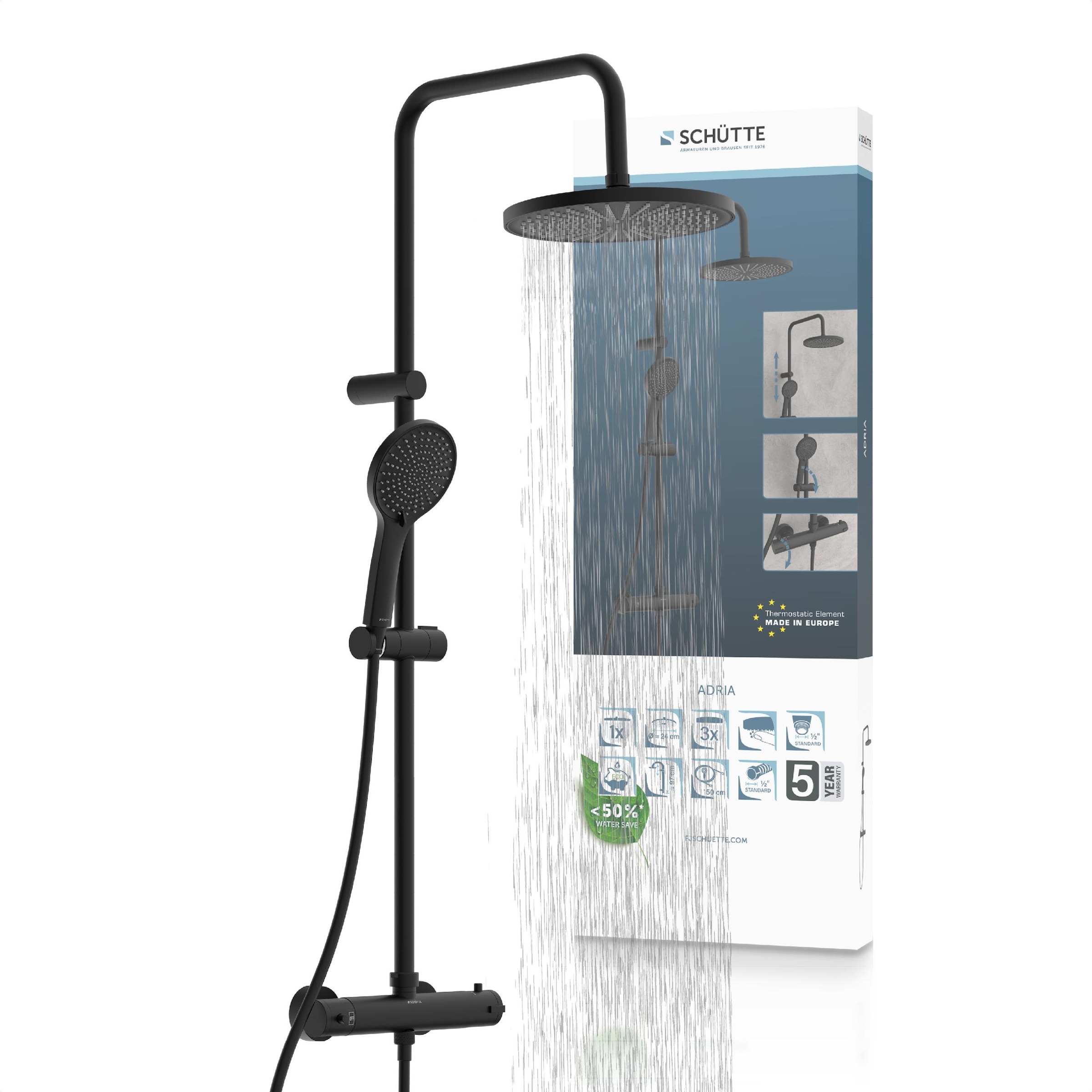 Schütte Duschbrause "ADRIA" Set, mit Thermostatarmatur, 3-fach verstellbar, Antikalk-Noppen