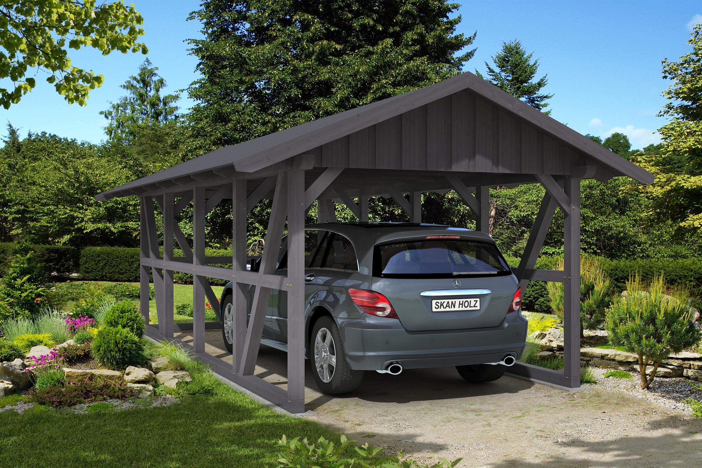 Skanholz Einzelcarport »Schwarzwald«, KVH, Fichte, 300 cm, Schiefergrau, 424x772cm mit Rückwand und Dachschalung