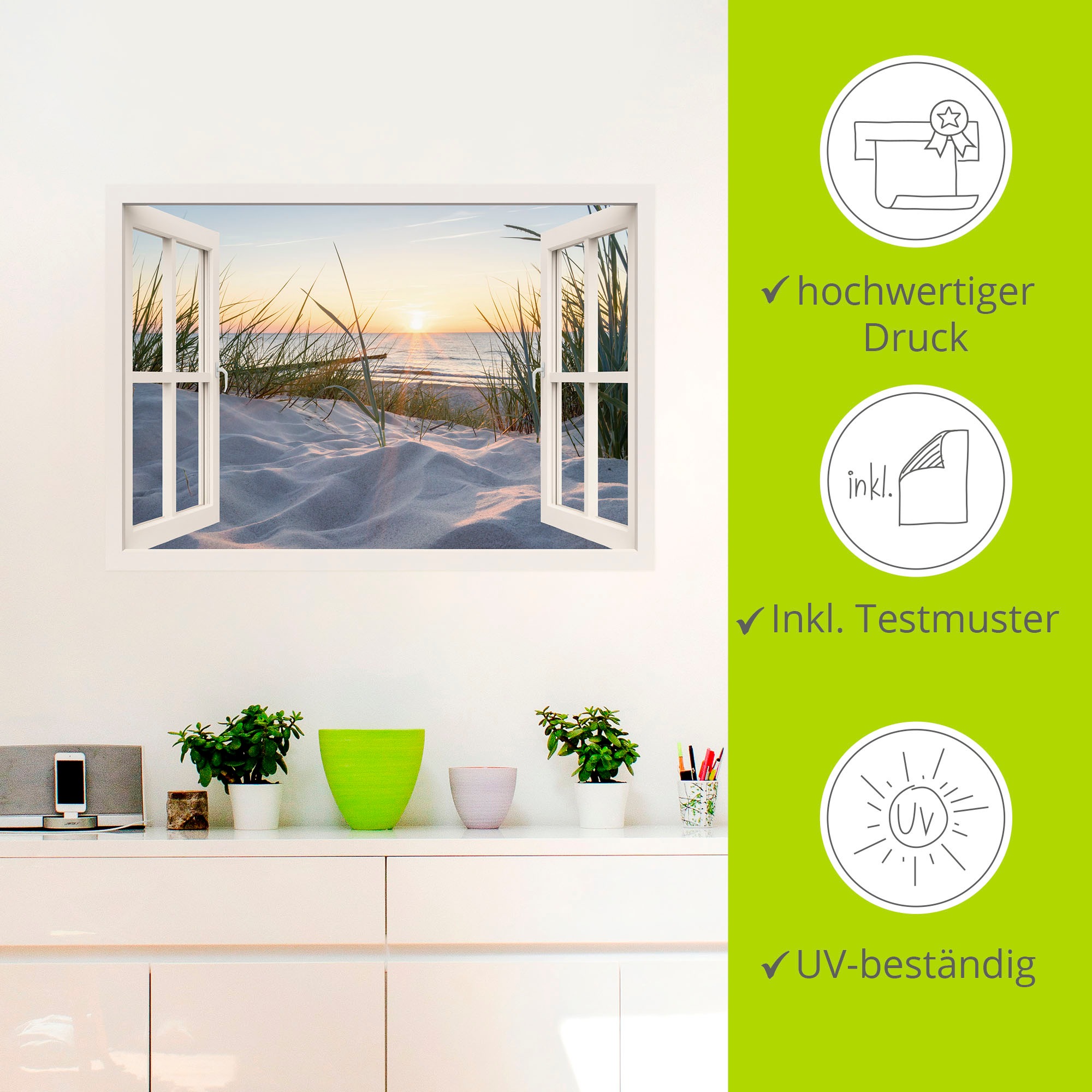 Artland Wandbild »Ostseestrand durchs Fenster«, Meer Bilder, (1 St.), als Alubild, Outdoorbild, Leinwandbild, Poster, Wandaufkleber