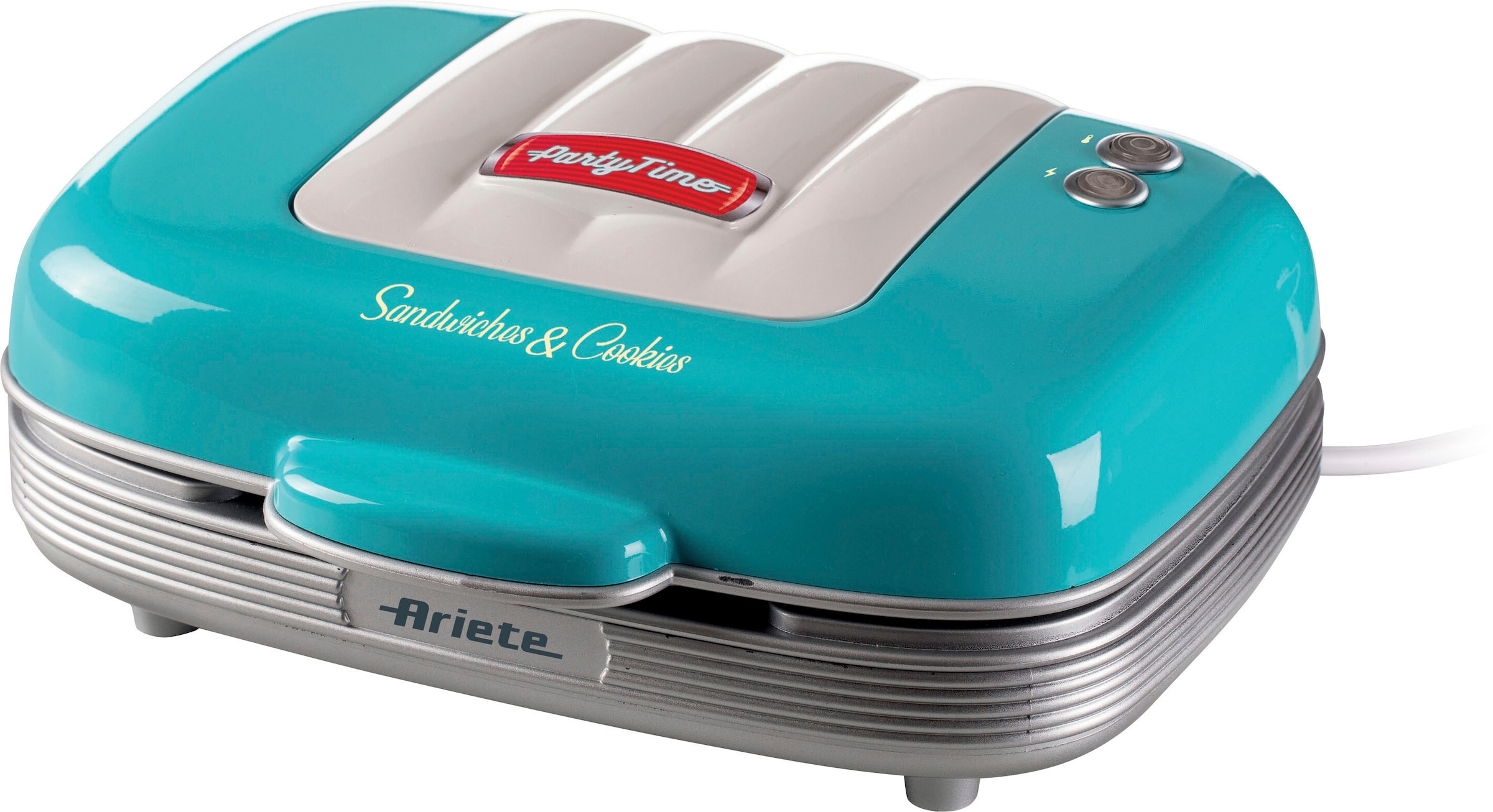 Ariete 3-in-1-Sandwichmaker "Party Time 1972B, Cookie-Maker", 700 W, für Sandwiches, Muffins und Donats, blau