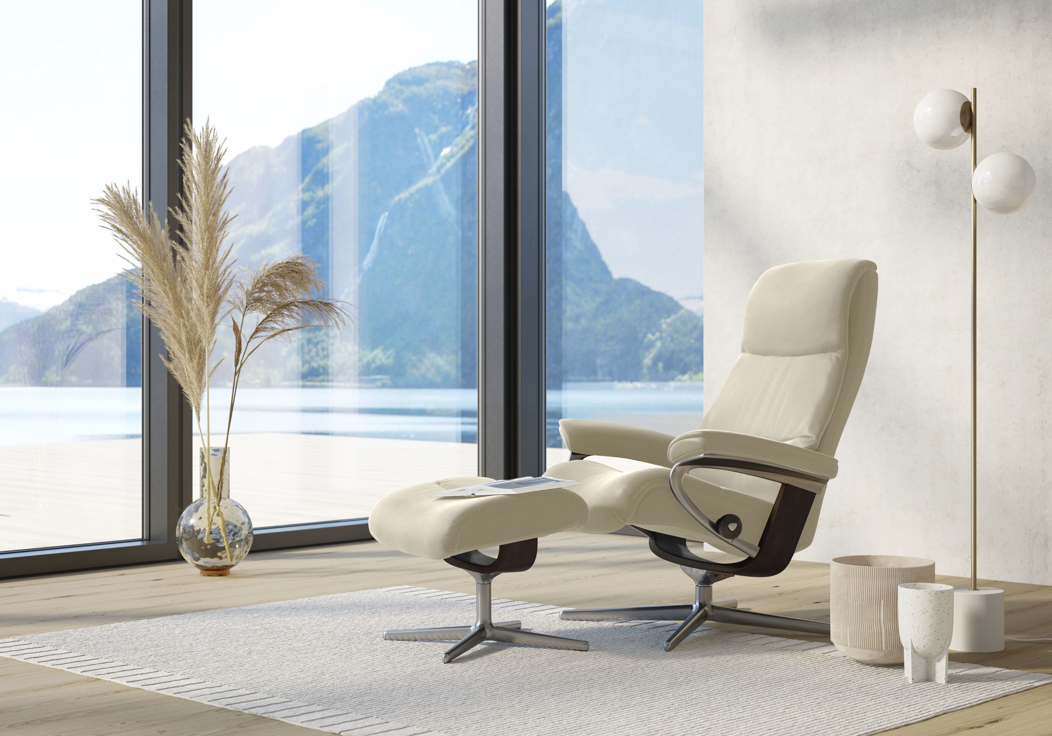Stressless Relaxsessel "View" Set, Relaxsessel mit Hocker, mit Hocker, mit Cross Base, Größe S, M & L, Holzakzent Braun