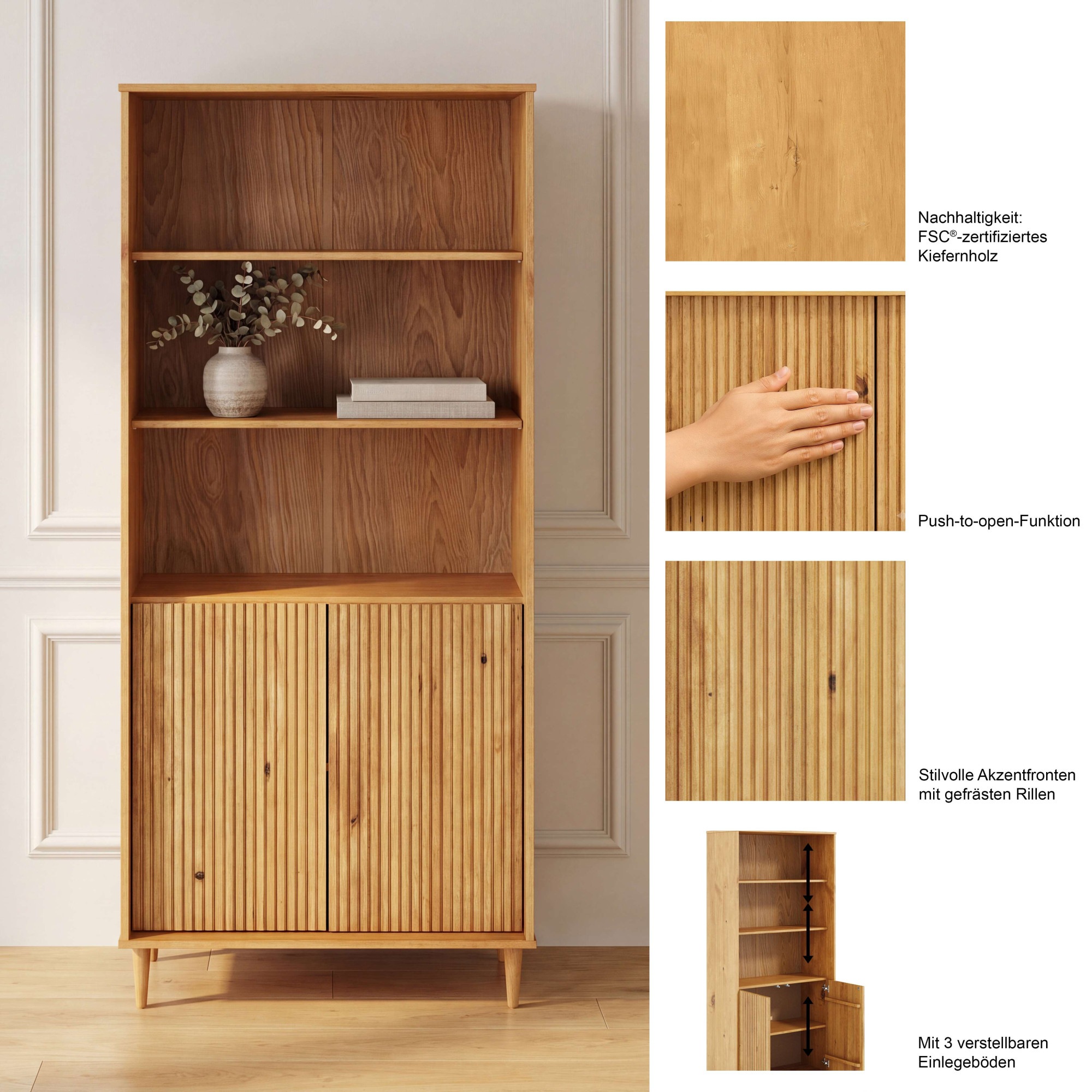 OTTO home Bücherregal »Malmedy Front mit gefrästen Rillen« Bücherschrank aus massivem Kiefernholz, Push-to-open, FSC, B: 80 cm