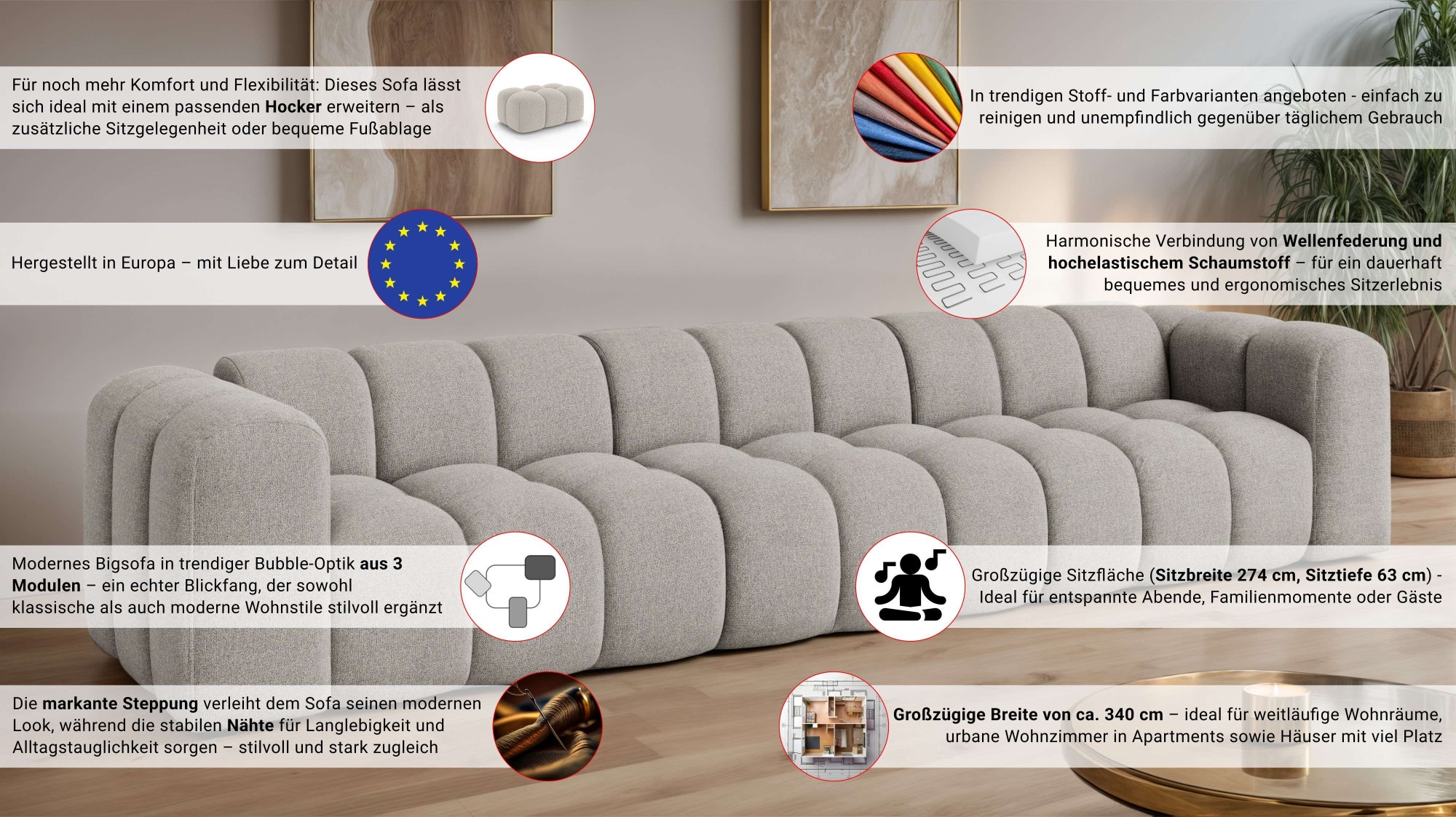 OTTO home Big-Sofa »XL KALLIE Design-Sofa mit Steppung, Bubble-Optik, Breite 340 cm« moderne Steppung, hoher Sitzkomfort und modernes Design