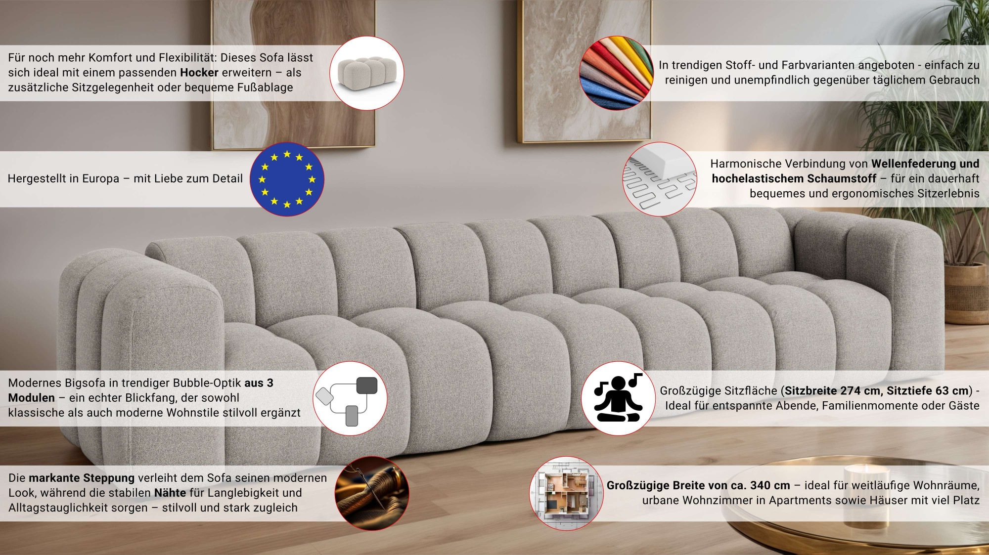 Thumbnail - OTTO home Big-Sofa "XL KALLIE Design-Sofa mit Steppung, Bubble-Optik, Breite 340 cm" moderne Steppung, hoher Sitzkomfort...