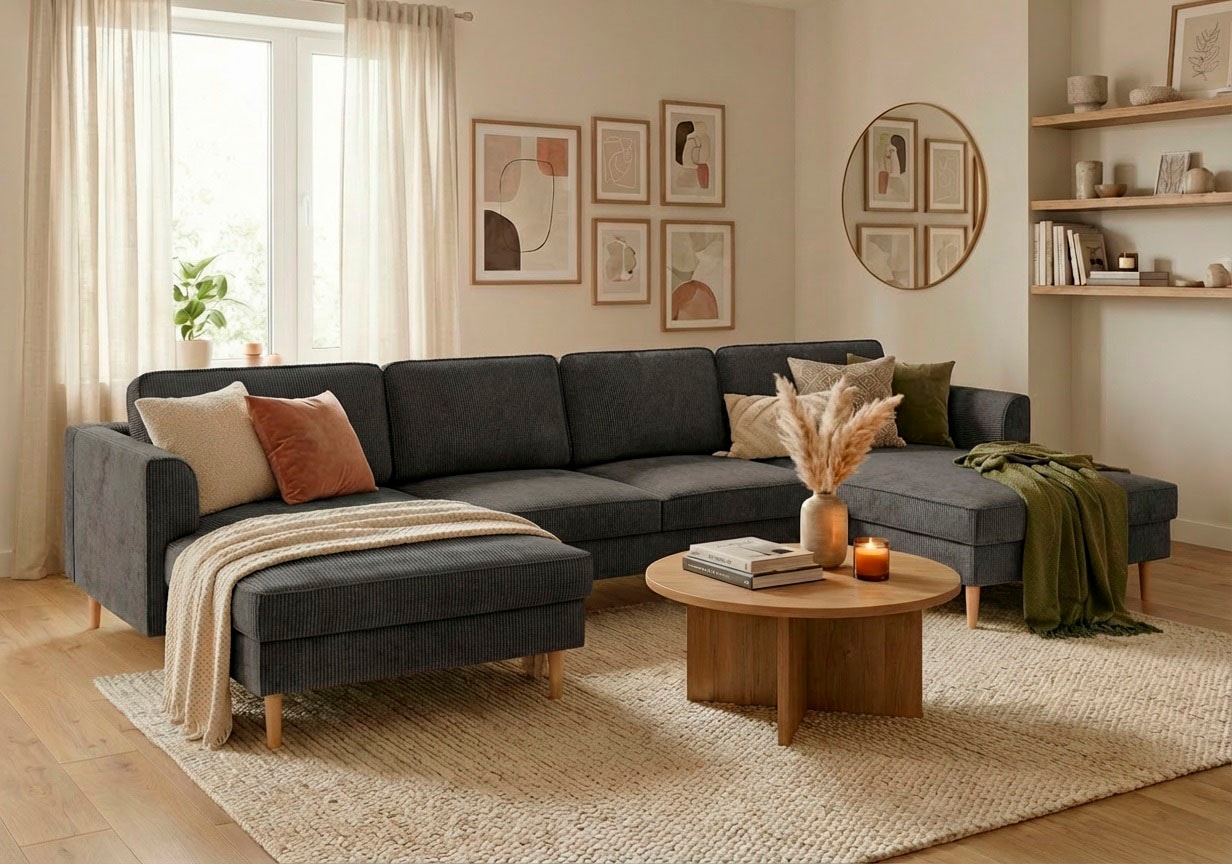 Home affaire "Booster, whlw. mit Schlaffunktion & Bettkasten, Fuß Buche lackiert" Sofa in U-Form, Breite 305 cm, in Cord oder Struktur