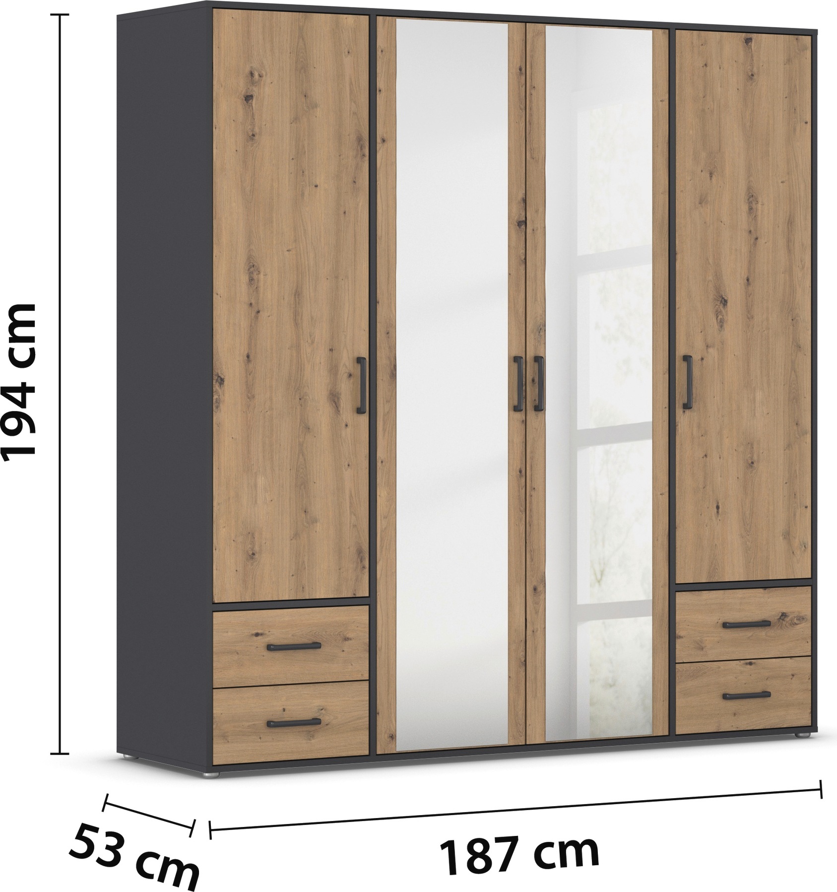rauch Drehtürenschrank »Kleiderschrank Schrank Garderobe Wäscheschrank VOYAGER«, (in 3 verschiedenen Ausstattungen BASIC/CLASSIC/PREMIUM), mit modernen Griffen in Graumetallic, inkl. Schubkästen und Spiegel