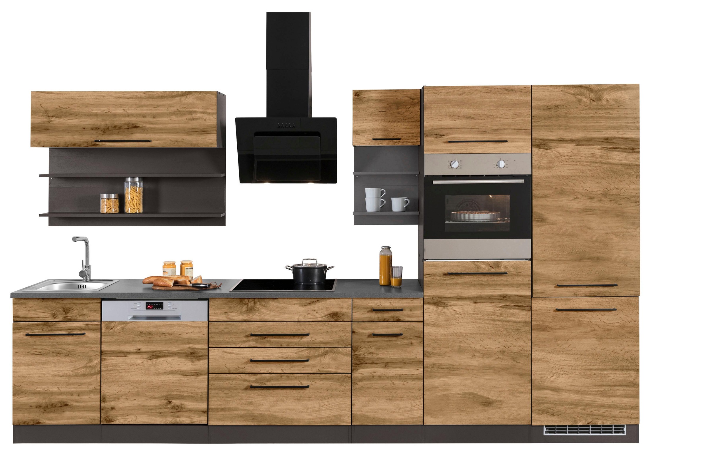 Virtuvės baldų komplektas »KS-Tulsa« su įmontuota buitinė technika plotis 350 cm juodos spalvos Metallgriffe MDF Fronten