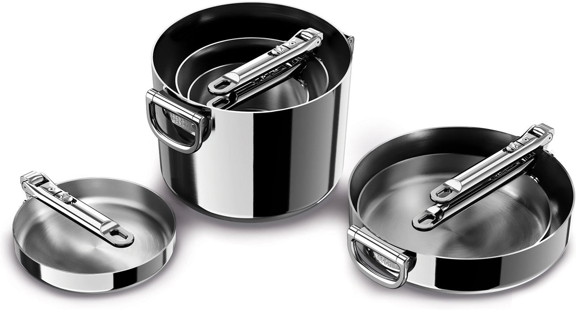Joseph Joseph Topf-Set »Space Steel 6.tlg. Edelstahl-Kochgeschirrset mit klappbaren Griffen« Set, 6 tlg. Edelstahl