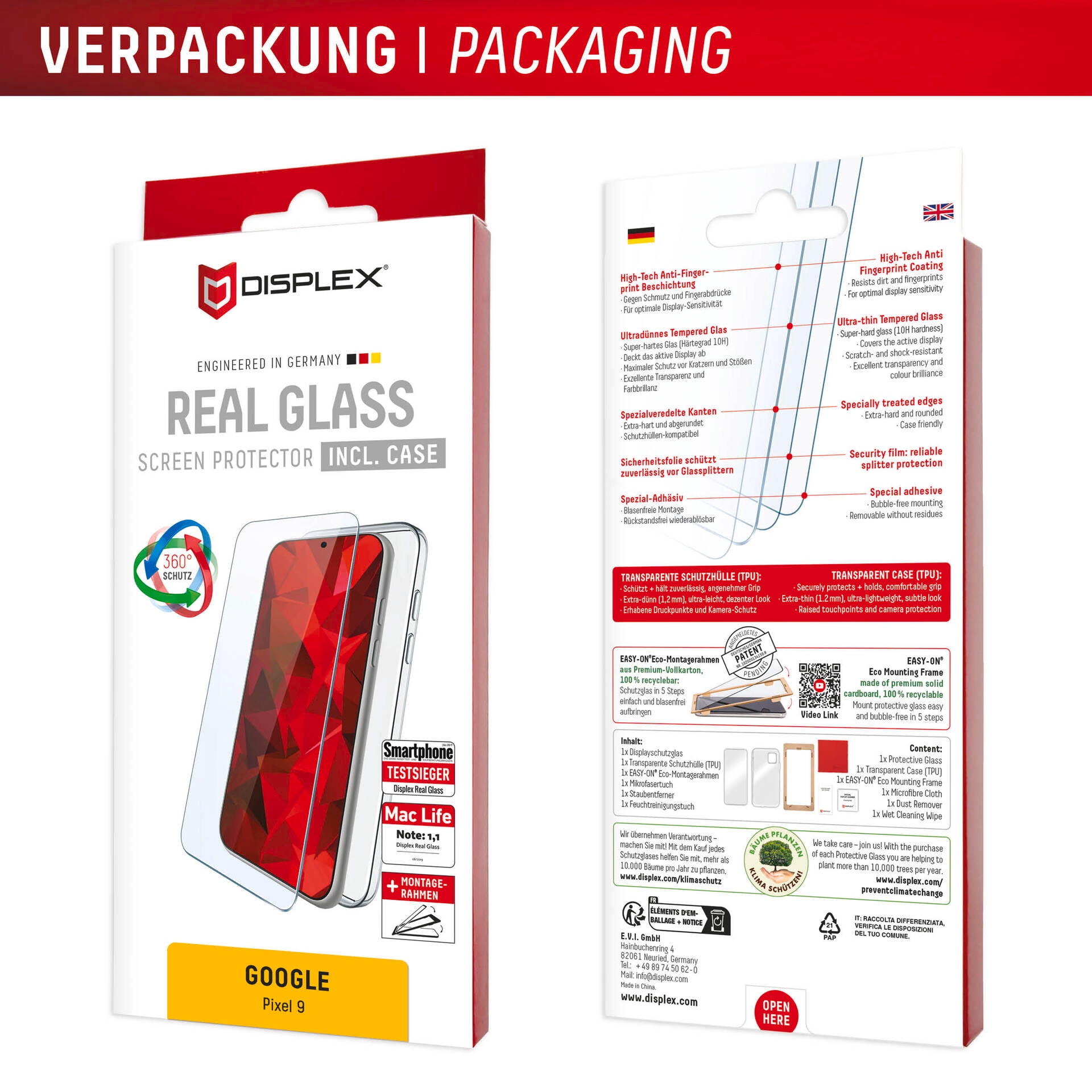 Displex Displayschutzglas »Real Glass Screen Protector inklusive Case« für Google Pixel 9