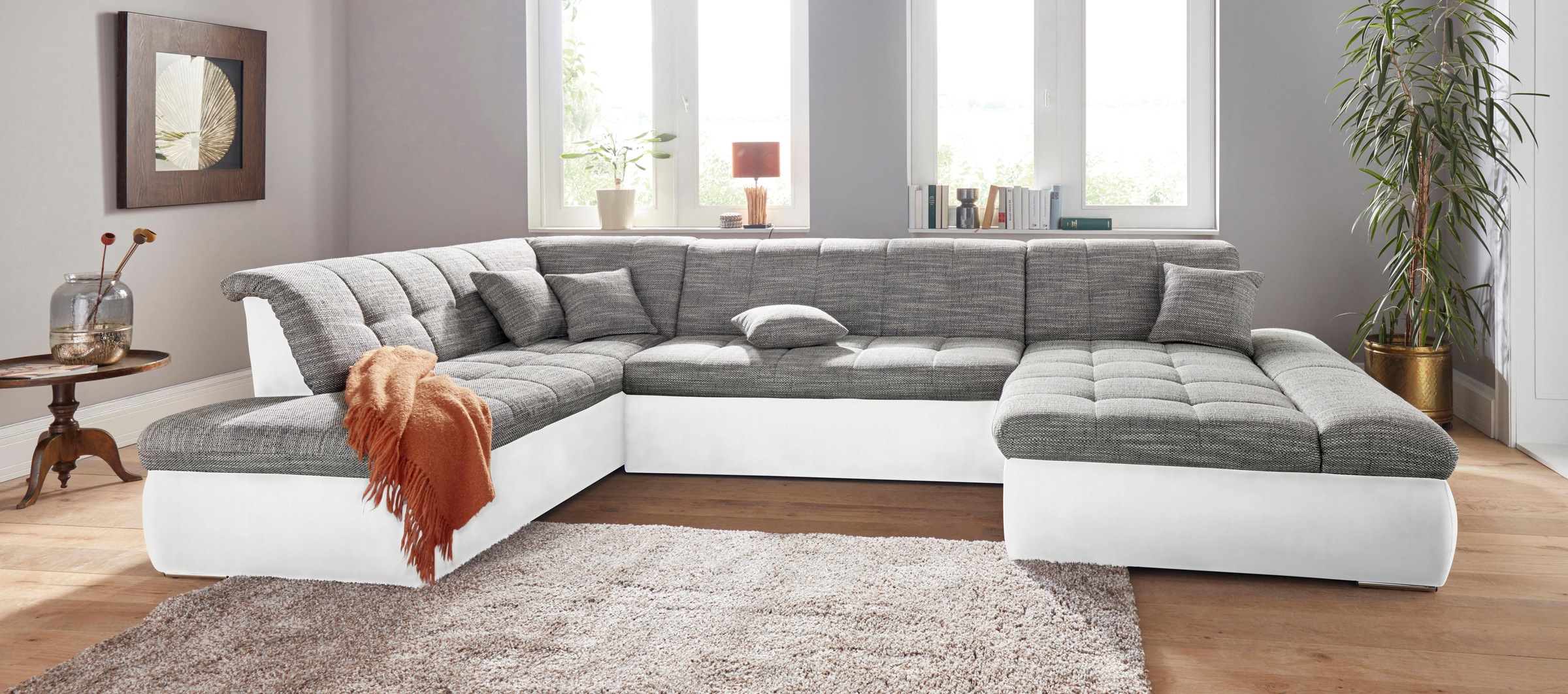 DOMO collection Wohnlandschaft »PB Moric wahlweise mit Bettfunktion und Armteilverstellung  U-Form«, XXL-Format B/T/H: 353/216/80 cm, feine Steppung, incl. Zierkissen